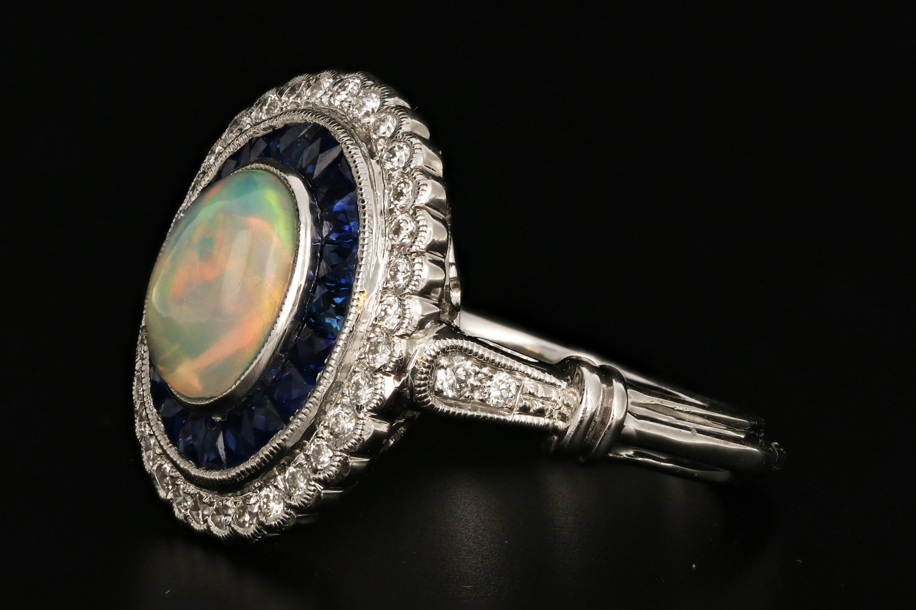 Edwardian Style 18K Gold Opal, Sapphire & Diamond Ring - Queen May