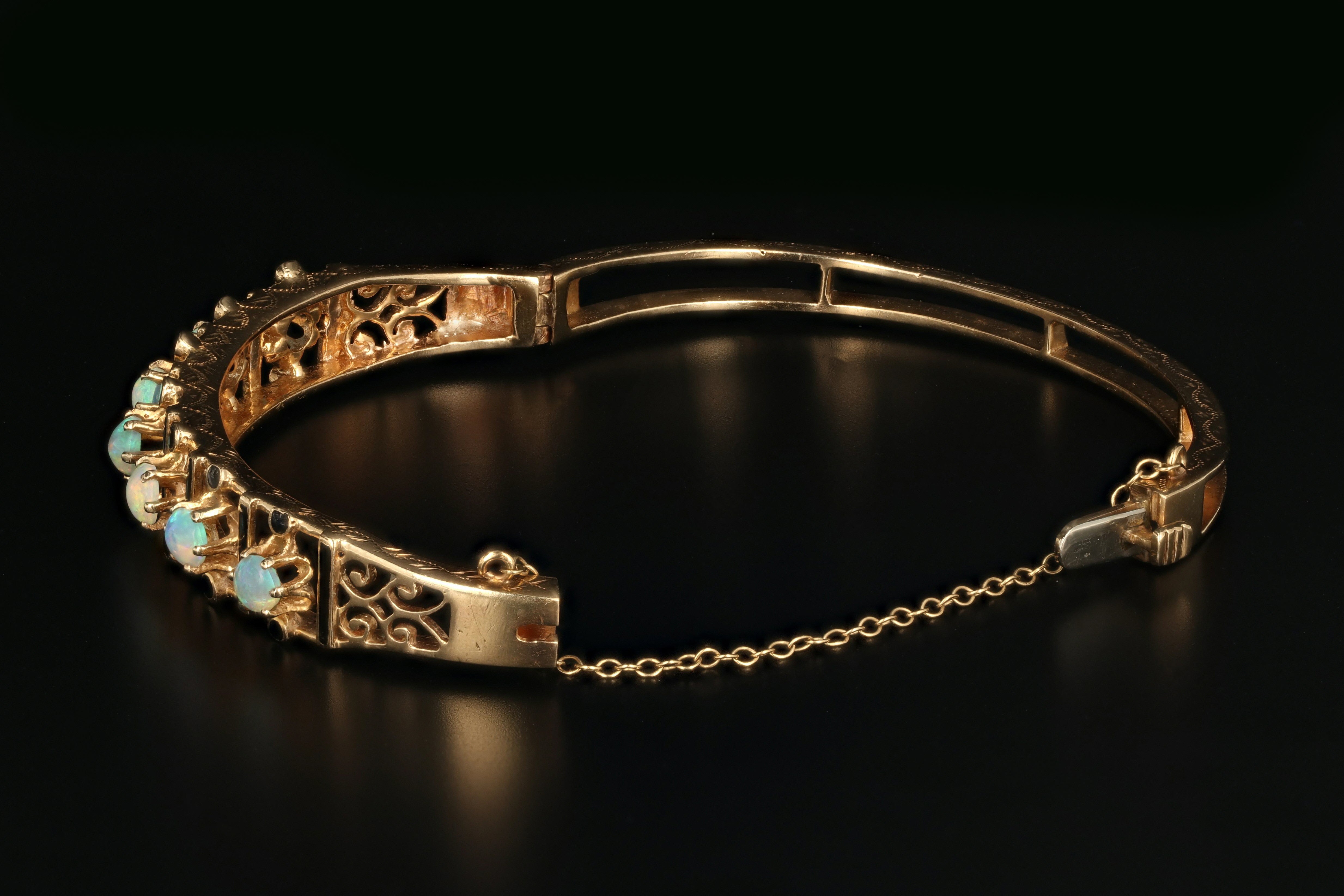 Retro Victorian Revival 14K Yellow 2 Carat Opal and Black Enamel Bracelet - Queen May