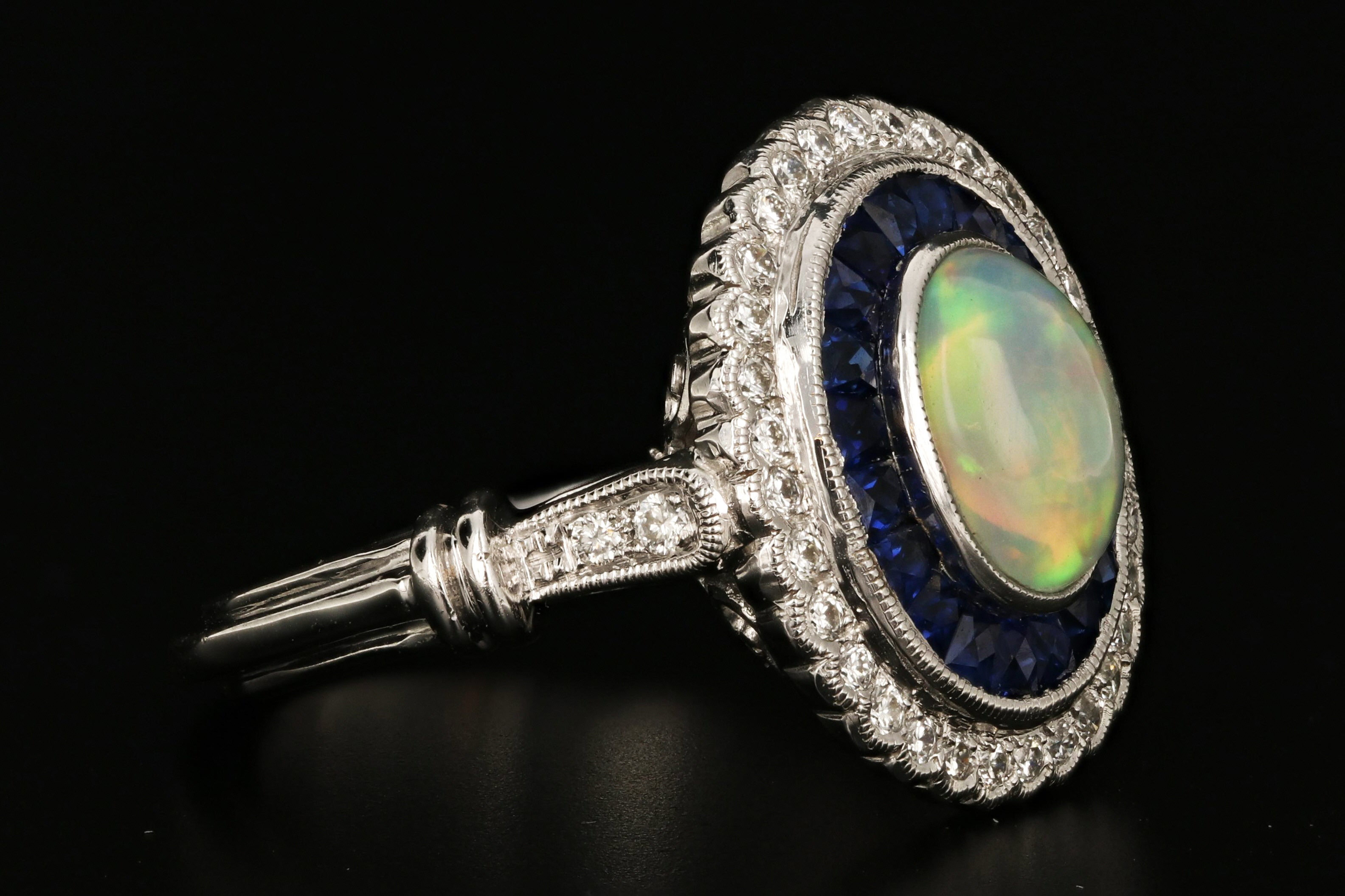 Edwardian Style 18K Gold Opal, Sapphire & Diamond Ring - Queen May