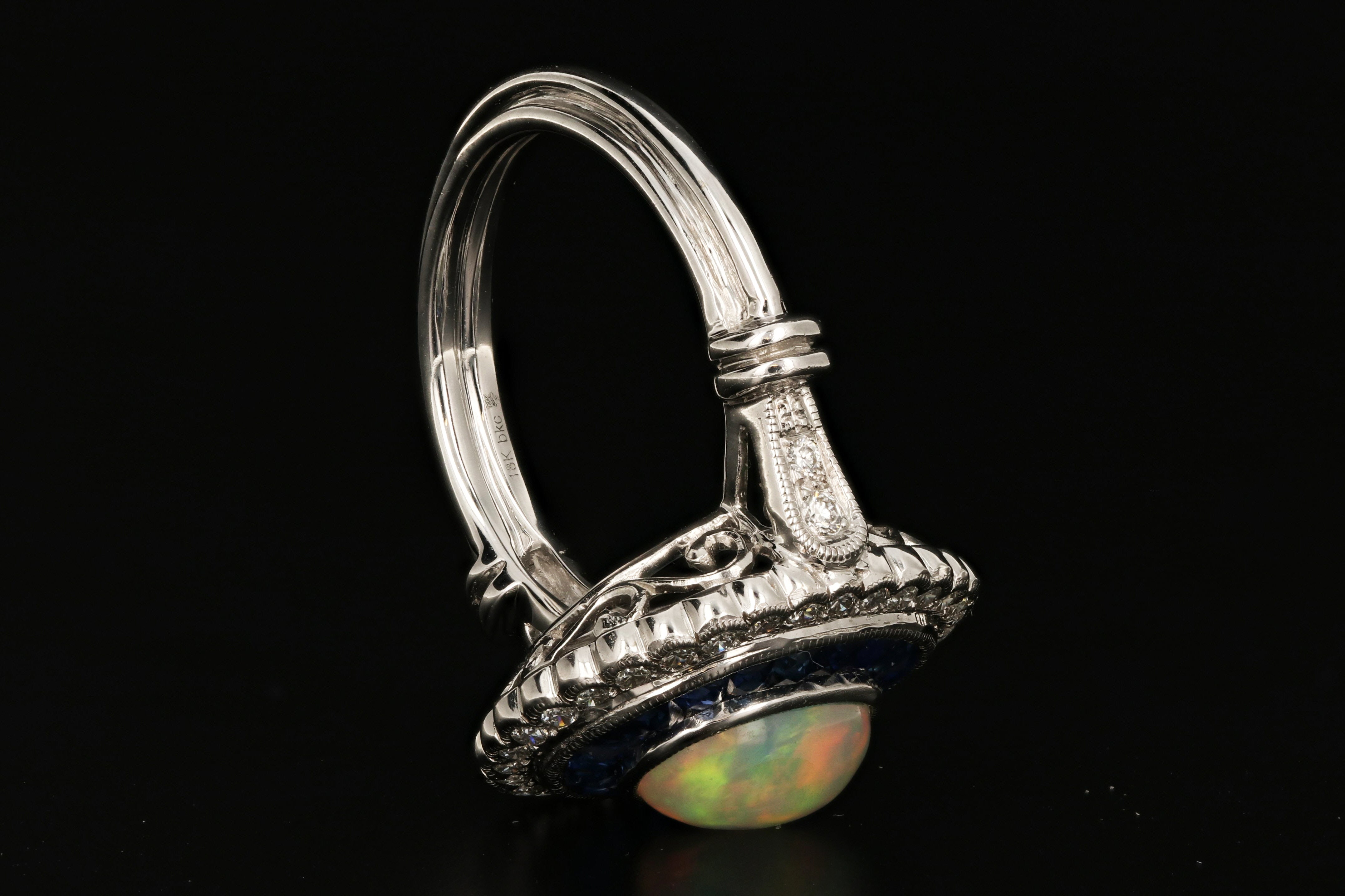 Edwardian Style 18K Gold Opal, Sapphire & Diamond Ring - Queen May