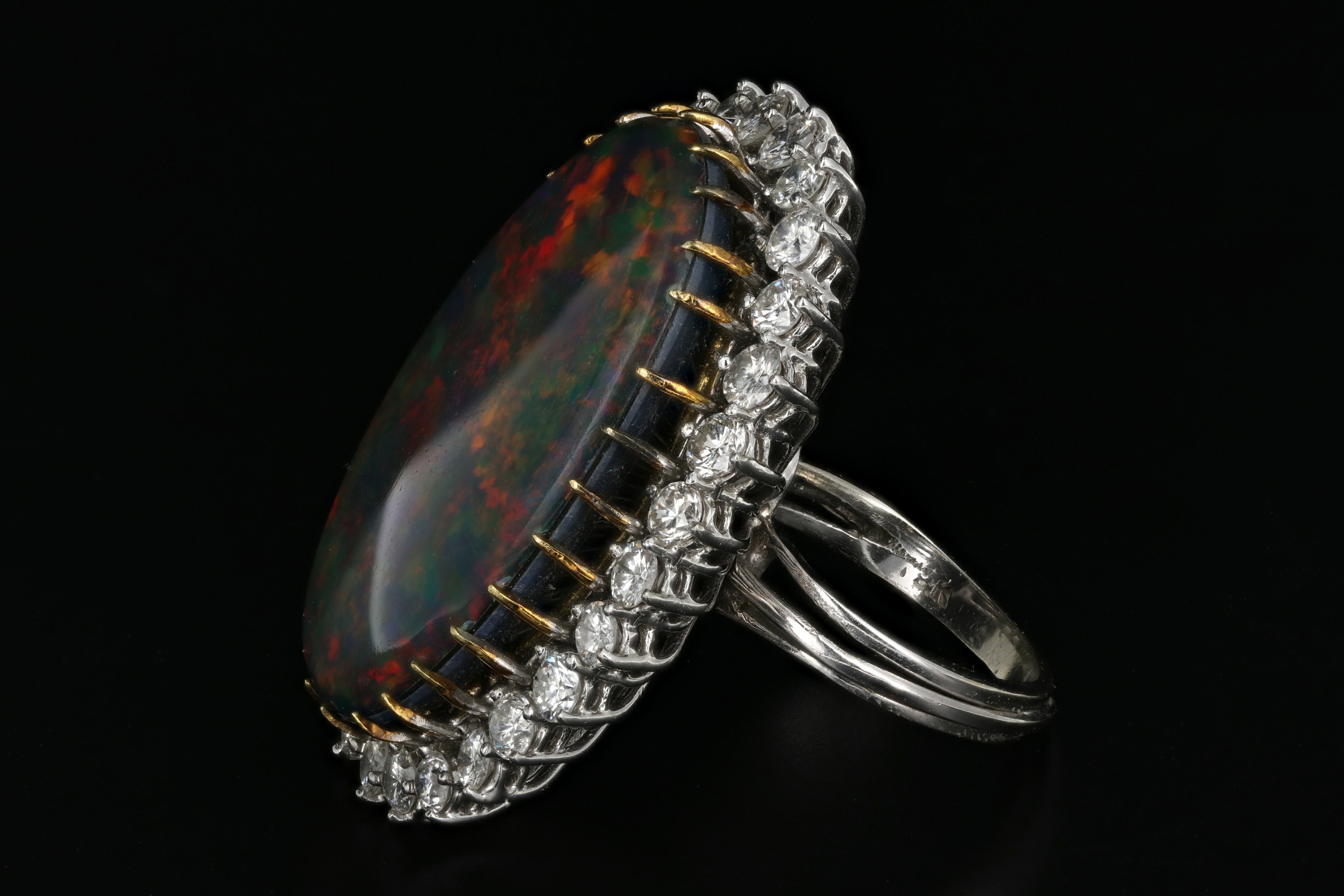 Modern 14K White Gold Australian Black Opal Doublet and Diamond Ring - Queen May