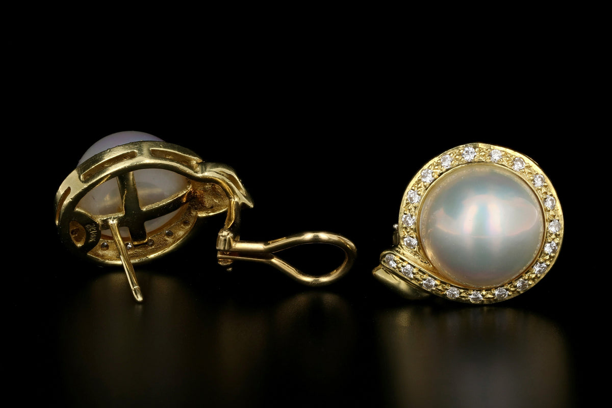 18K Yellow Gold Mabe Pearl & Diamond Earrings - Queen May