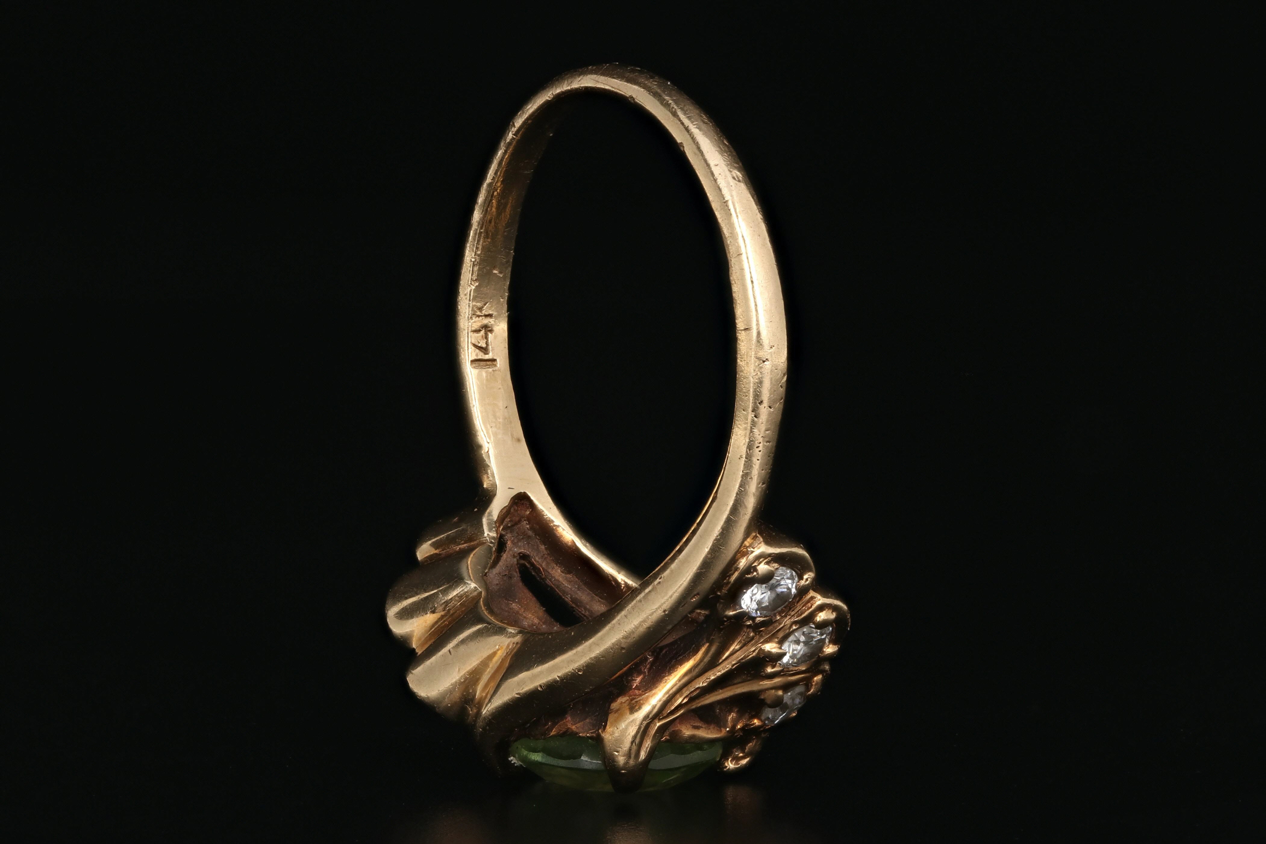 Vintage 14K Yellow Gold 2 Carat Peridot and Diamond Ring - Queen May