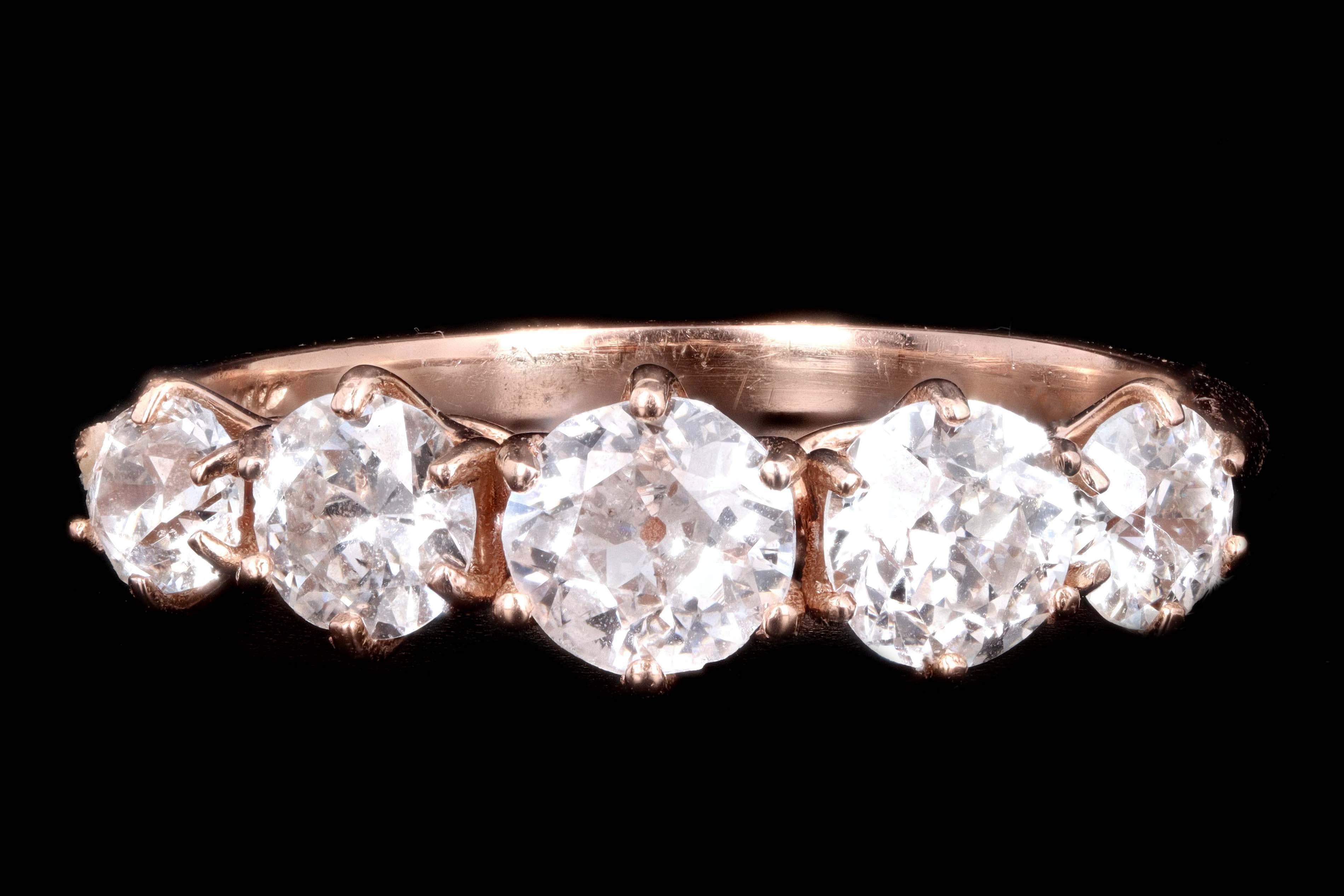 New 14K Rose Gold 1.29 Carat Old European Cut Diamond 5 Stone Band - Queen May