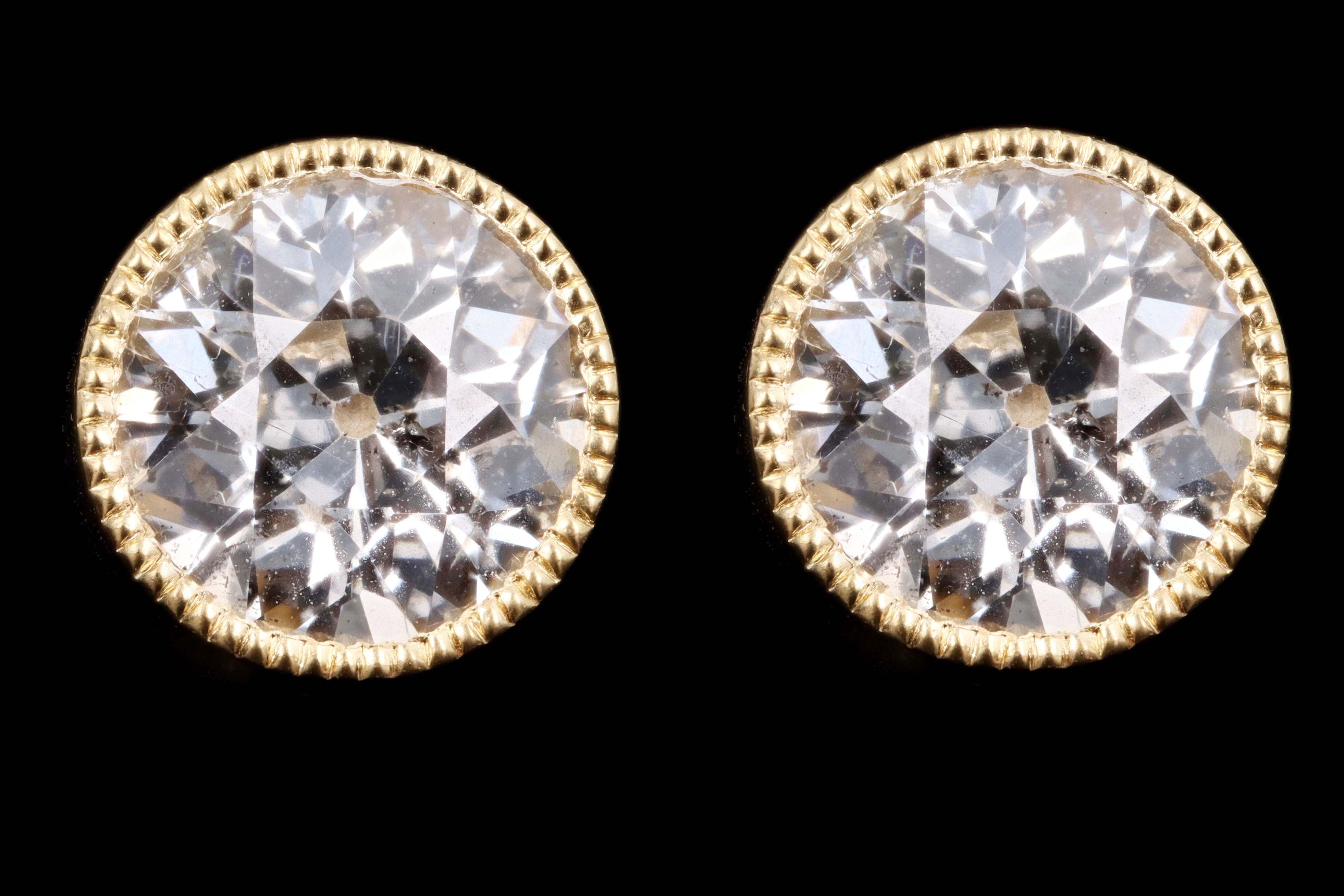 New 18K Yellow Gold 1.80 Carat Old European Cut Diamond Bezel Set Stud Earrings - Queen May