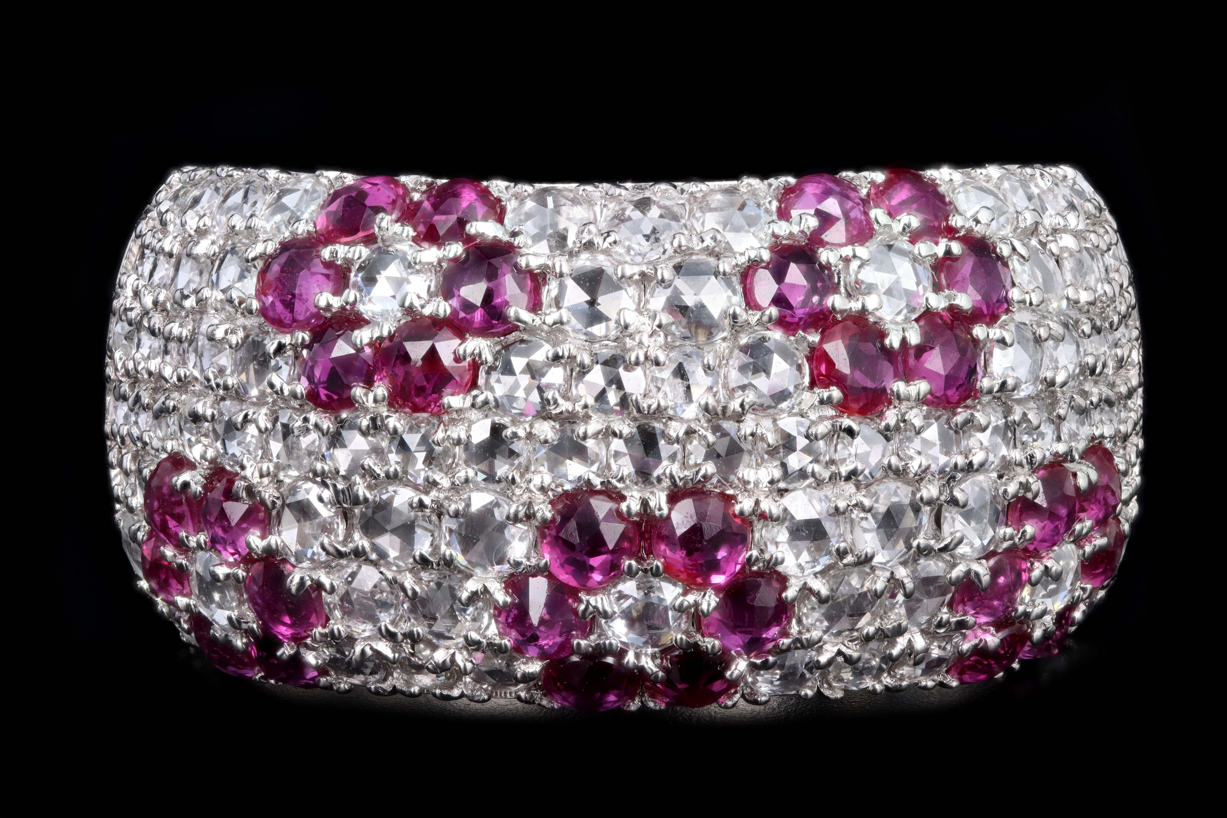 Modern Platinum Diamond and Ruby Flower Dome Ring - Queen May