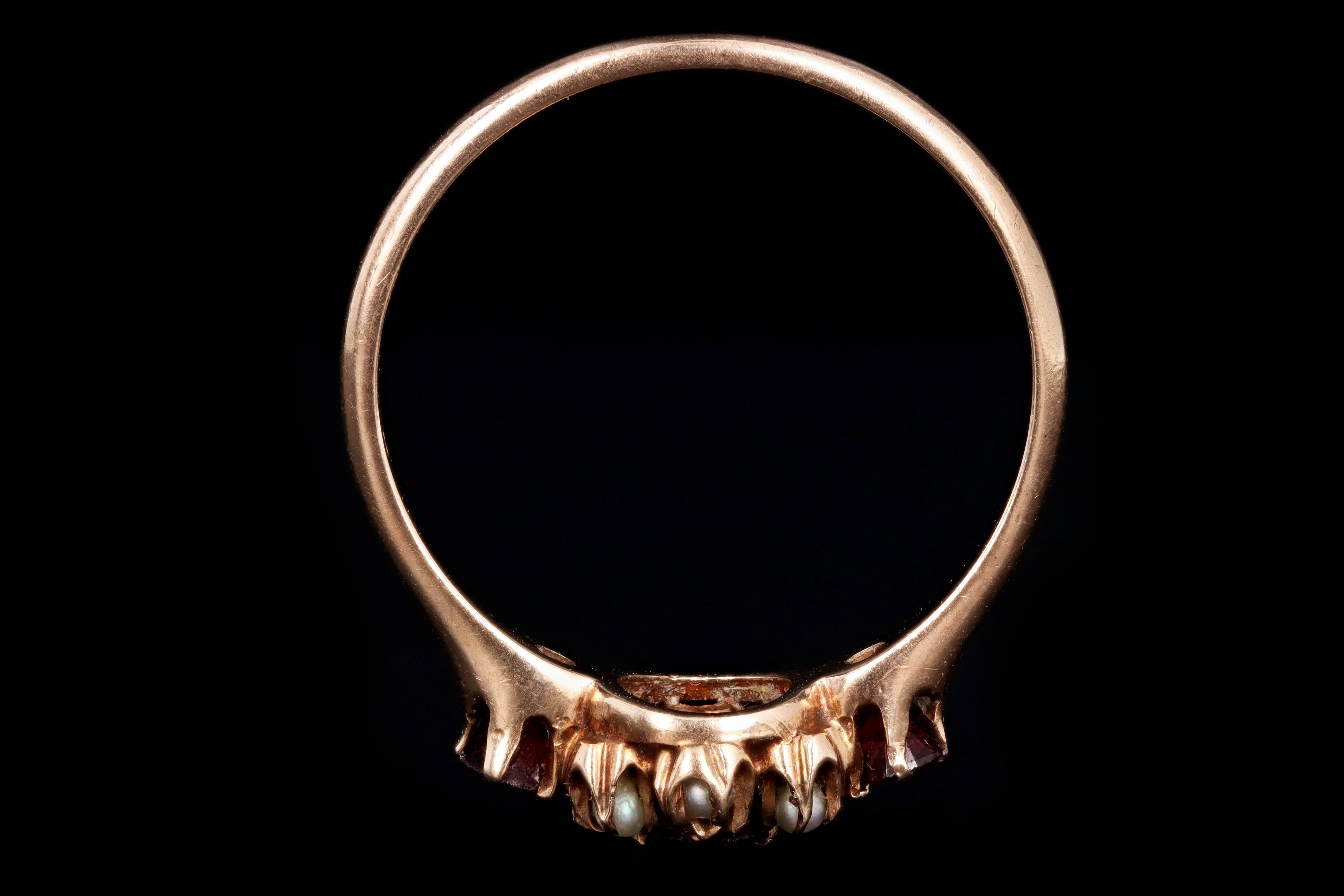 Victorian 10K Rose Gold Garnet & Seed Pearl Ring - Queen May