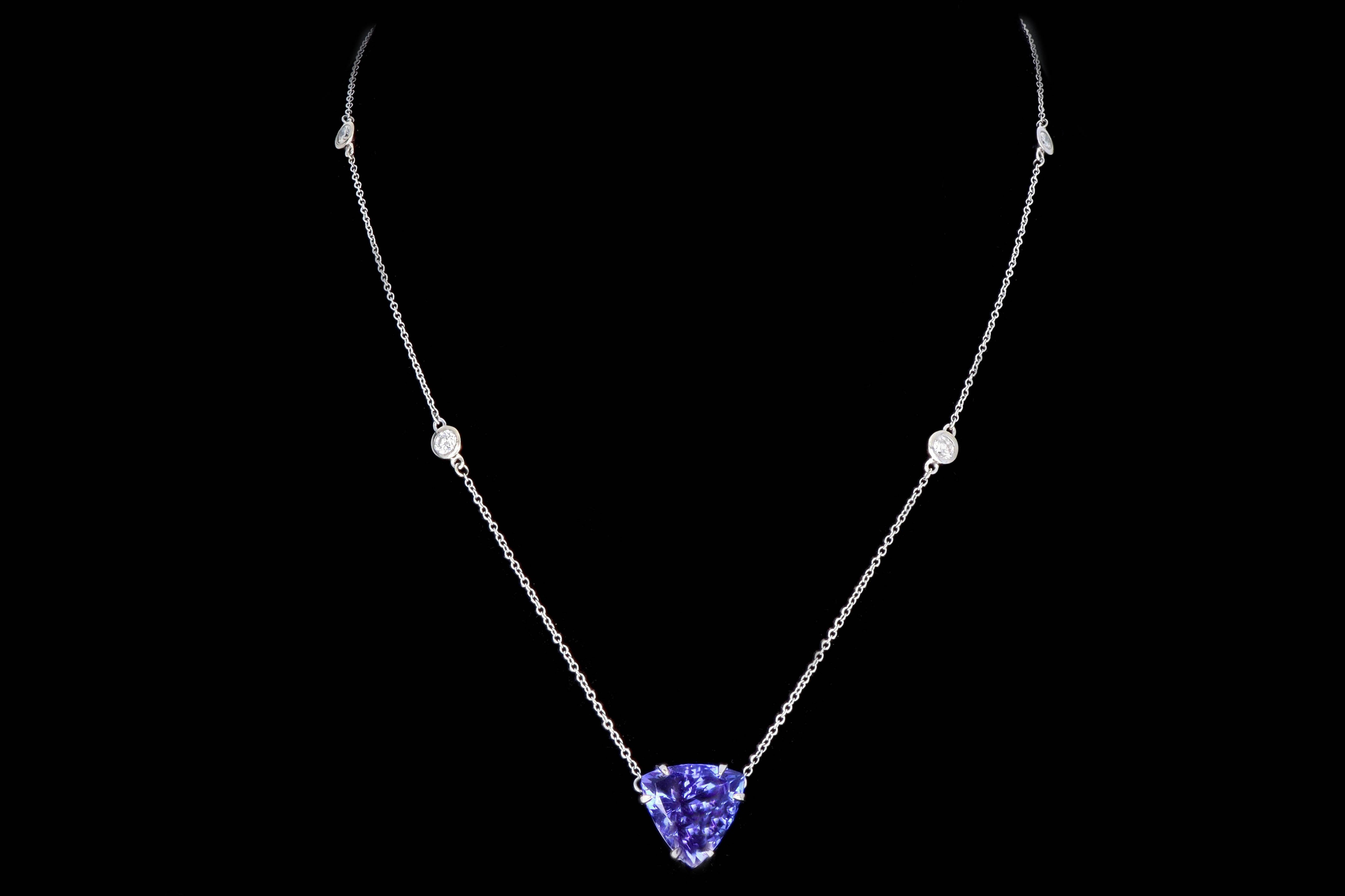 Modern 14K White Gold .50 Carat Trillion Cut Tanzanite & Diamond Pendant Necklace - Queen May