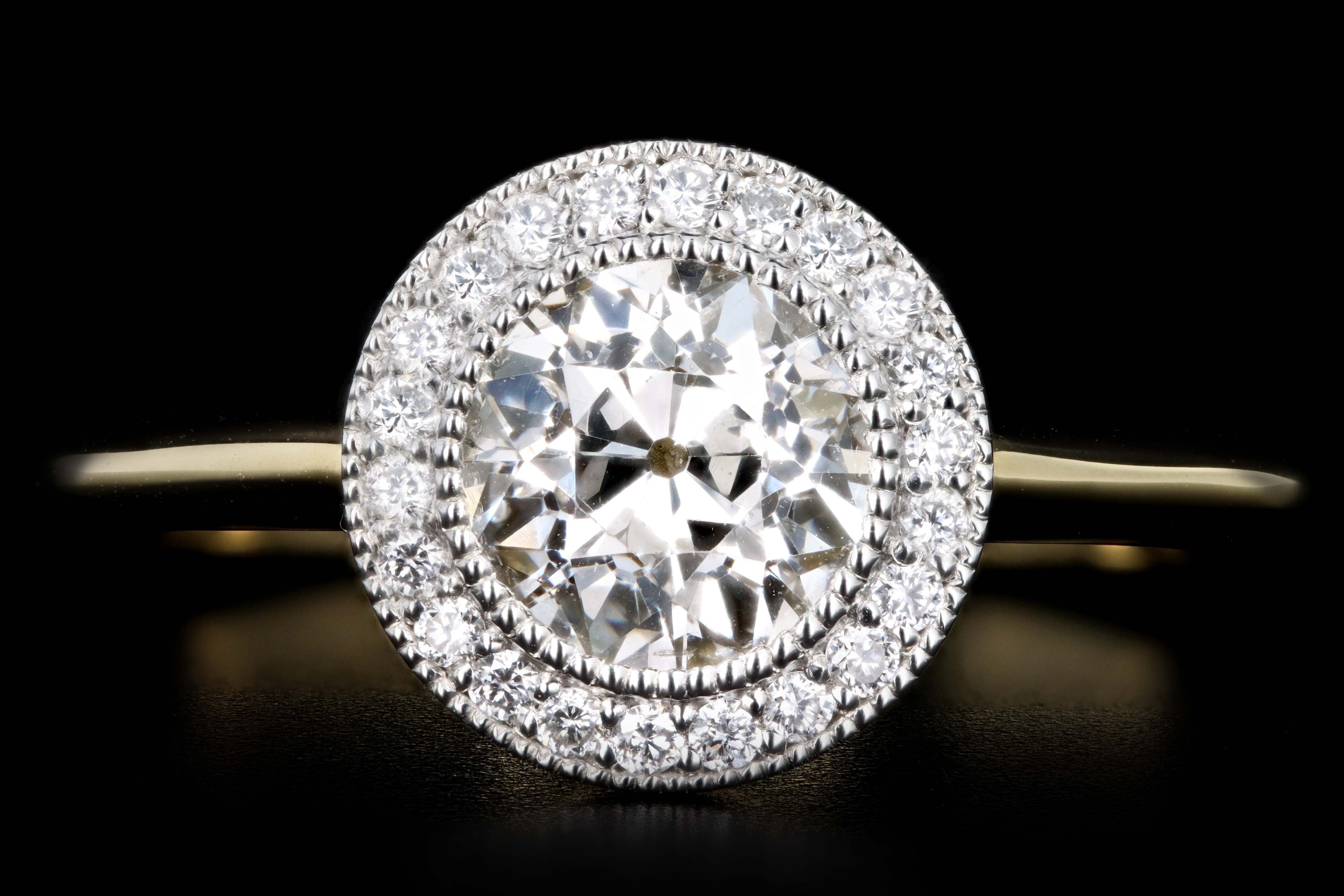 New 18K Yellow Gold & Platinum .99 Carat Old European Cut Diamond Halo Engagement Ring GIA Certified - Queen May