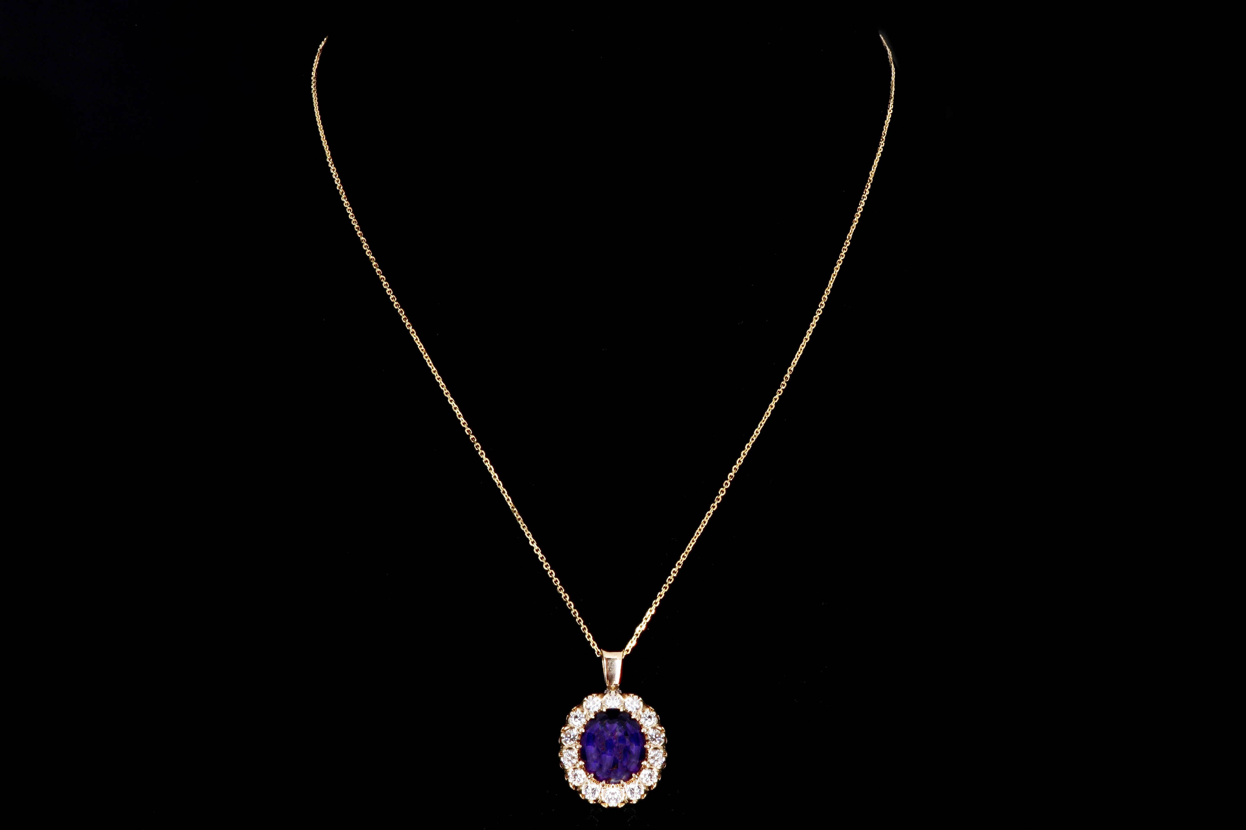 Modern 14K Yellow Gold 3.28 Carat Oval Amethyst & Diamond Halo Pendant Necklace - Queen May