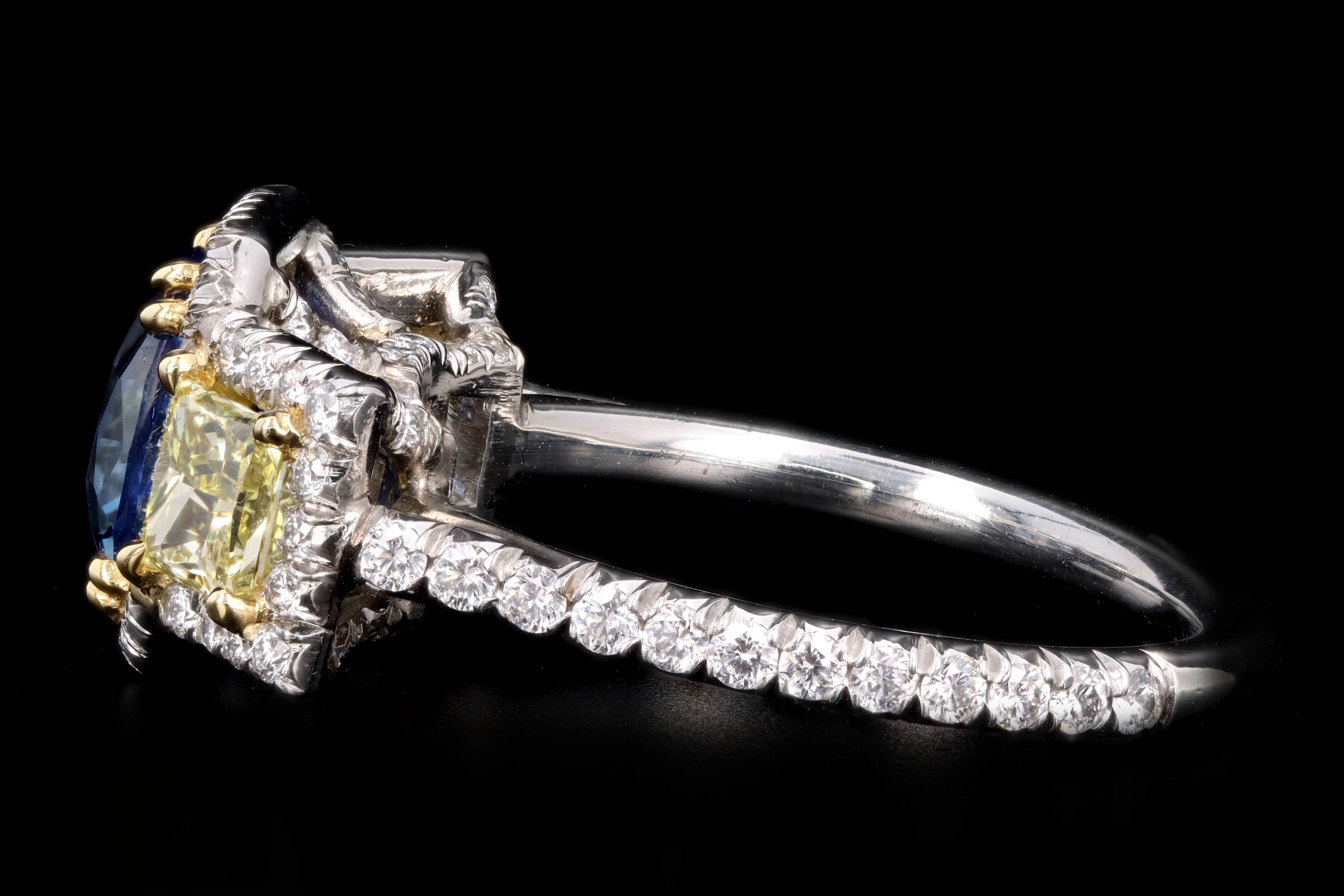 Modern Platinum 2.05 Carat Cushion Cut Sapphire & Fancy Yellow Diamond Ring - Queen May