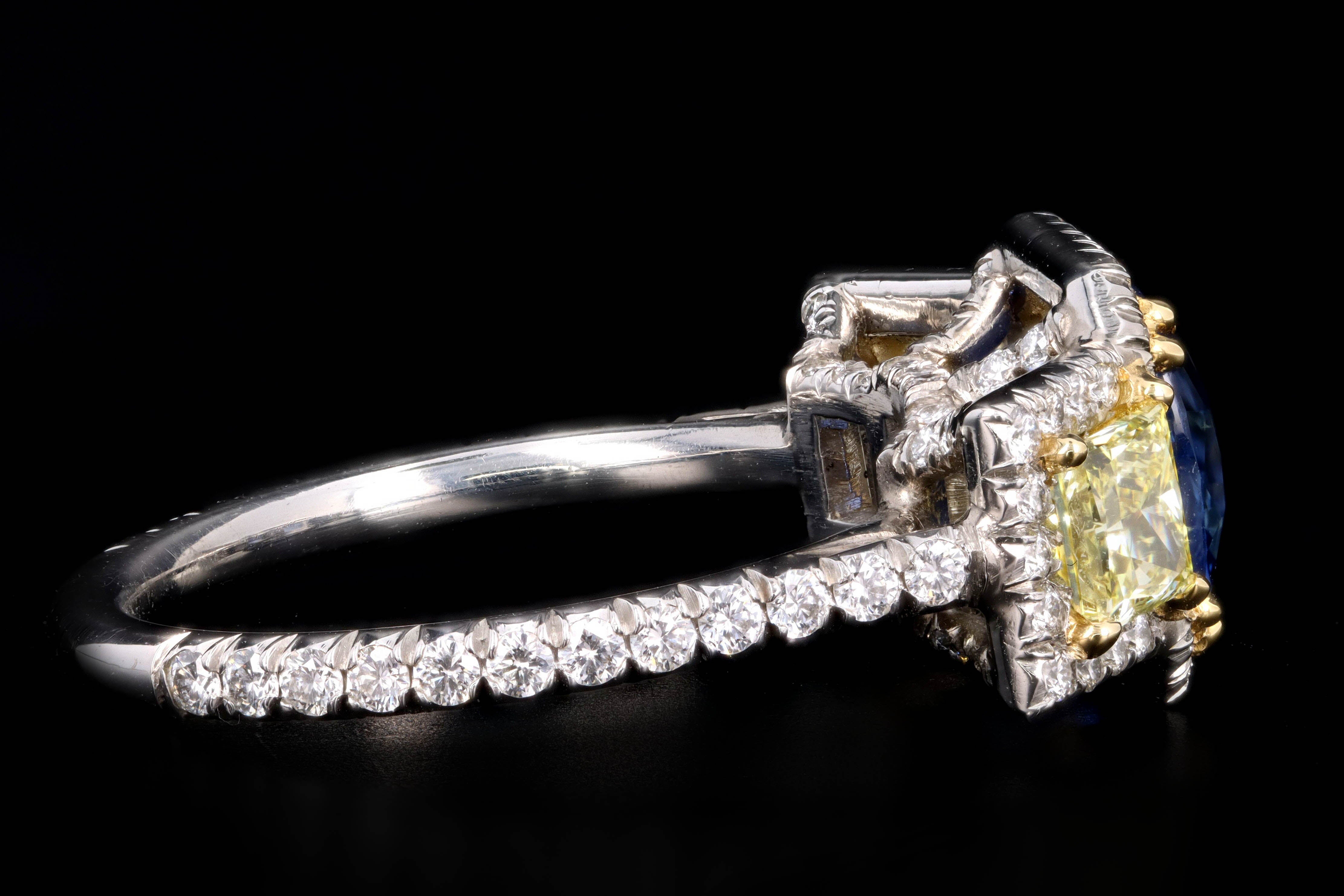 Modern Platinum 2.05 Carat Cushion Cut Sapphire & Fancy Yellow Diamond Ring - Queen May