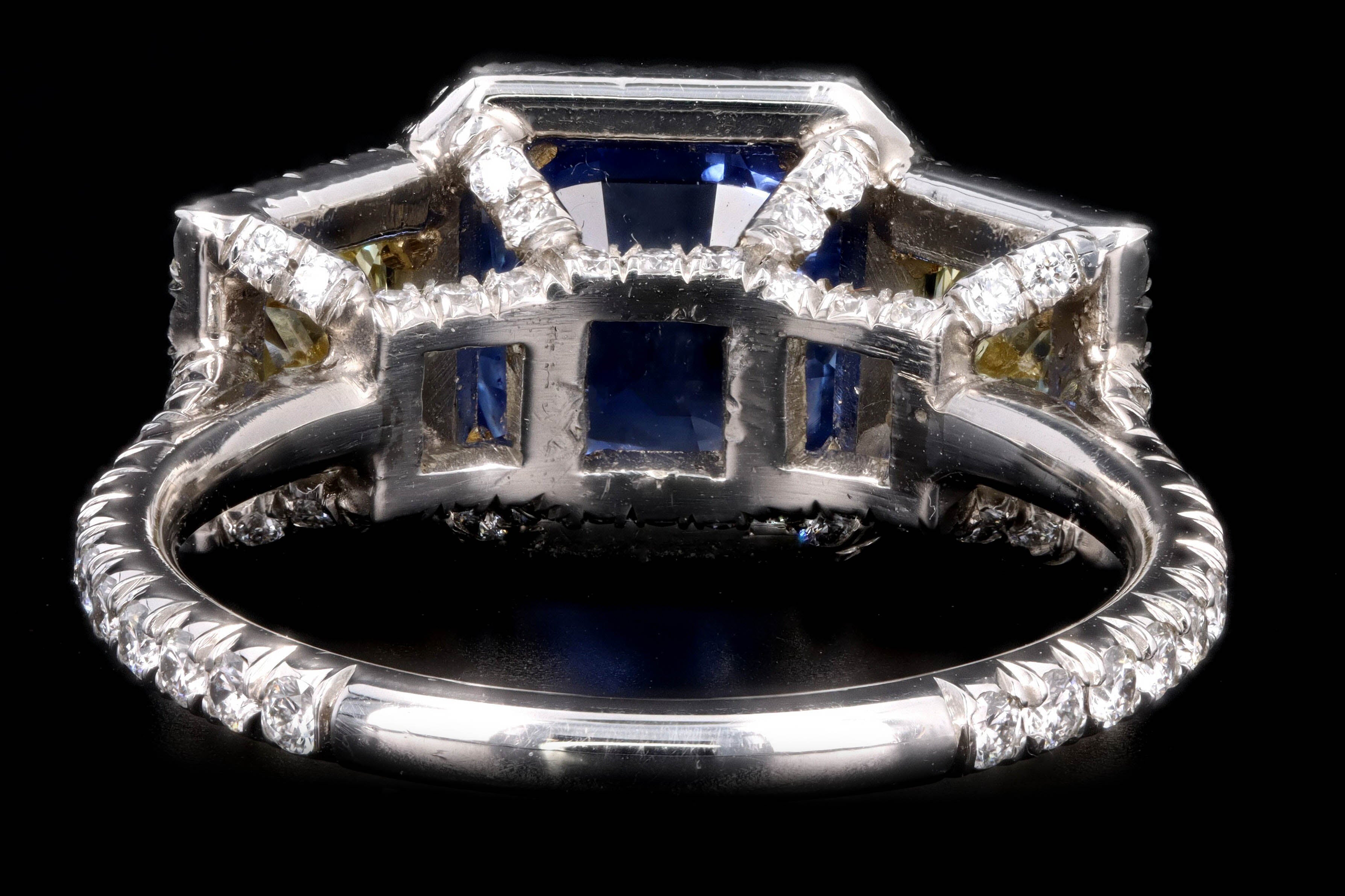 Modern Platinum 2.05 Carat Cushion Cut Sapphire & Fancy Yellow Diamond Ring - Queen May