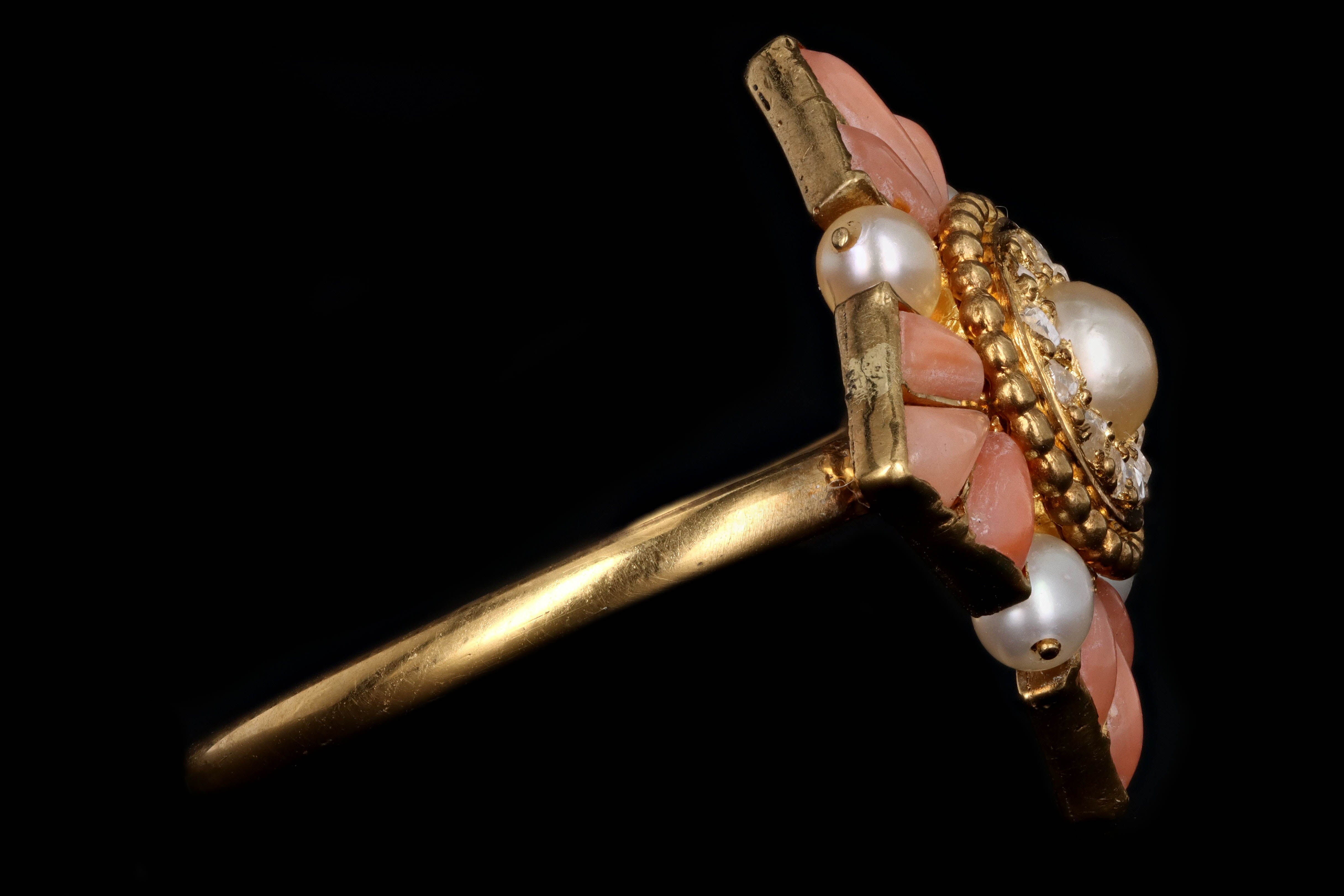 Vintage 18K Yellow Gold Angel Skin Coral & Pearl Conversion Ring - Queen May