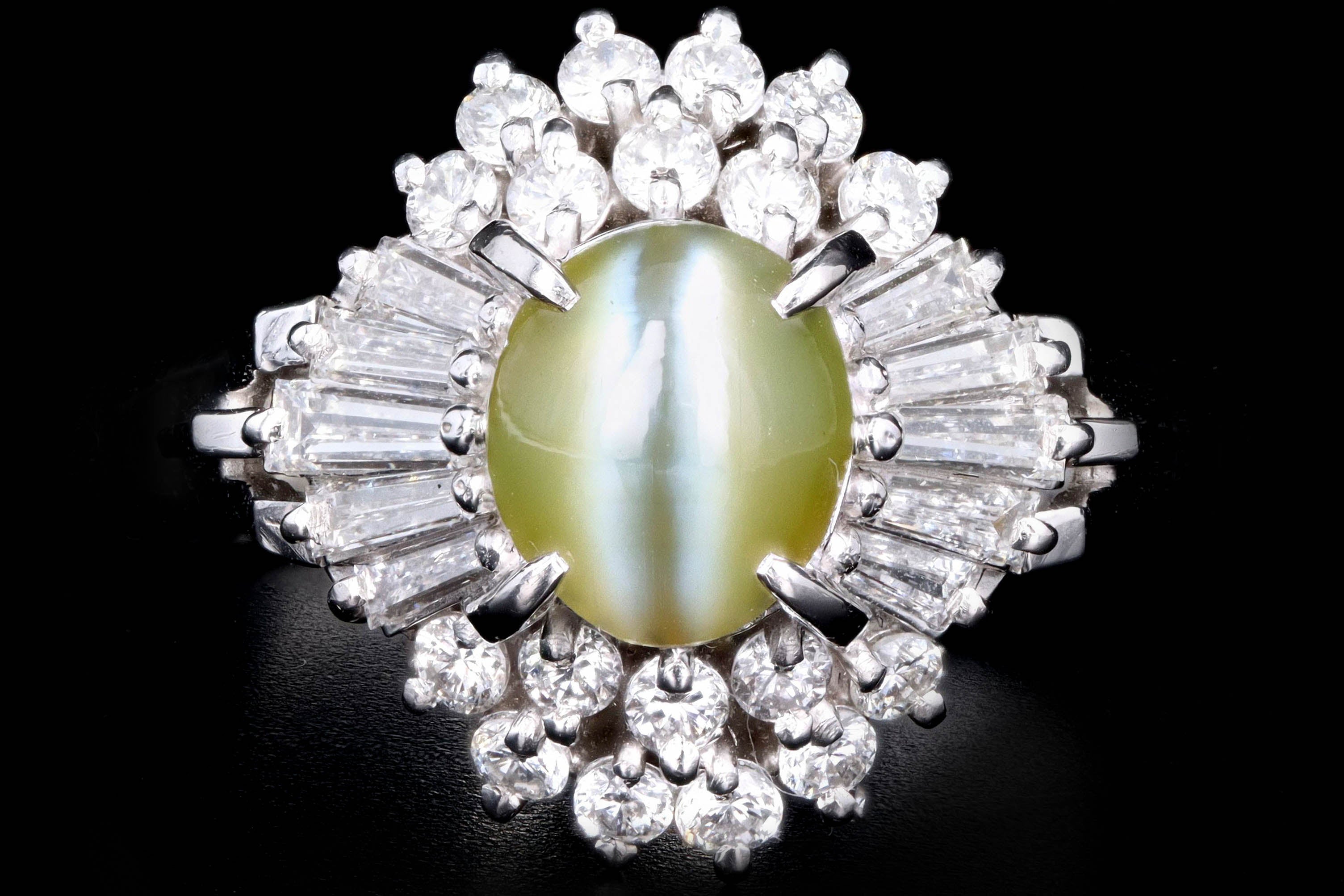 Retro Platinum 1.19 Carat Cat's Eye Chrysoberyl & Diamond Ring - Queen May