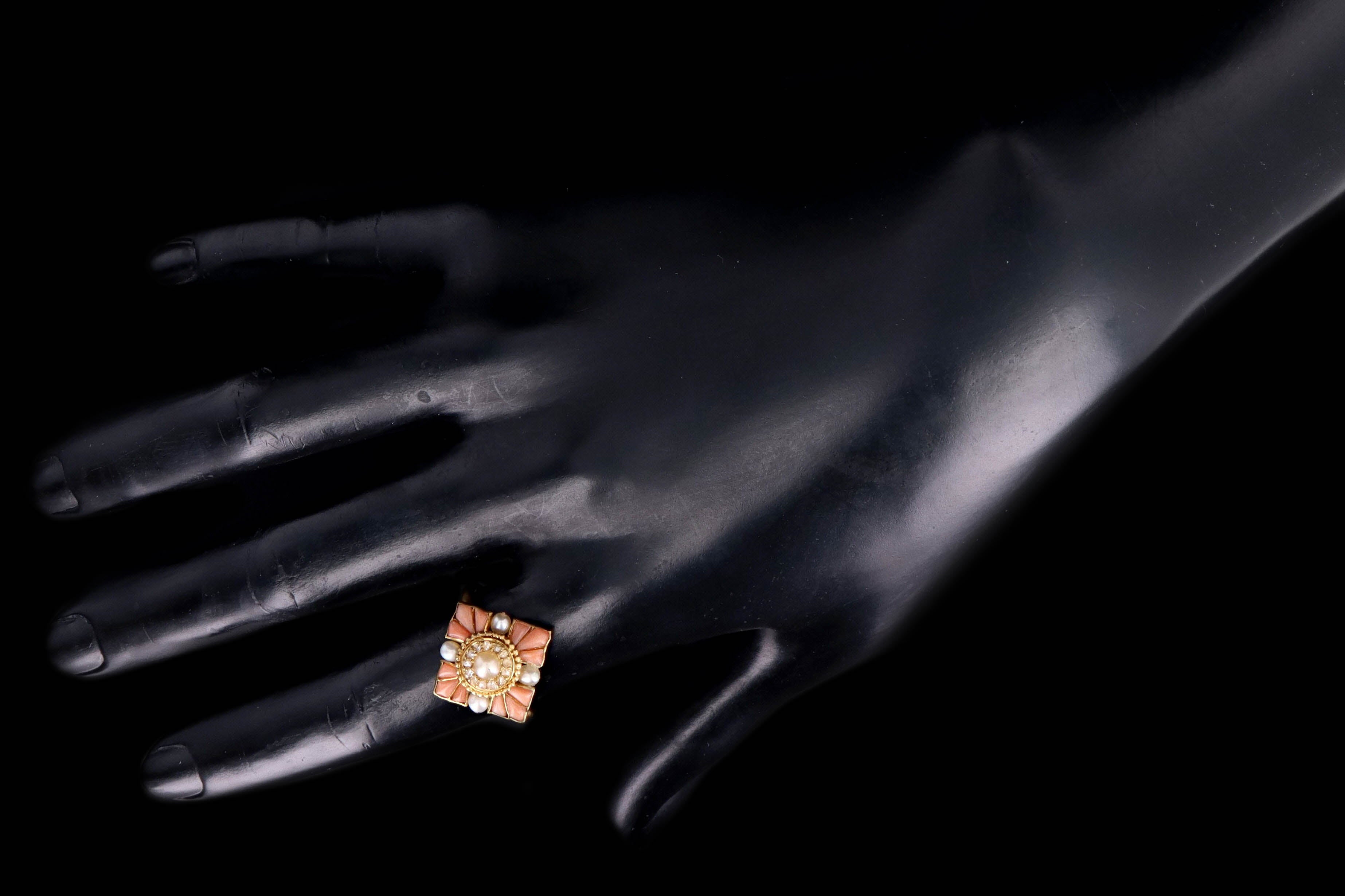 Vintage 18K Yellow Gold Angel Skin Coral & Pearl Conversion Ring - Queen May