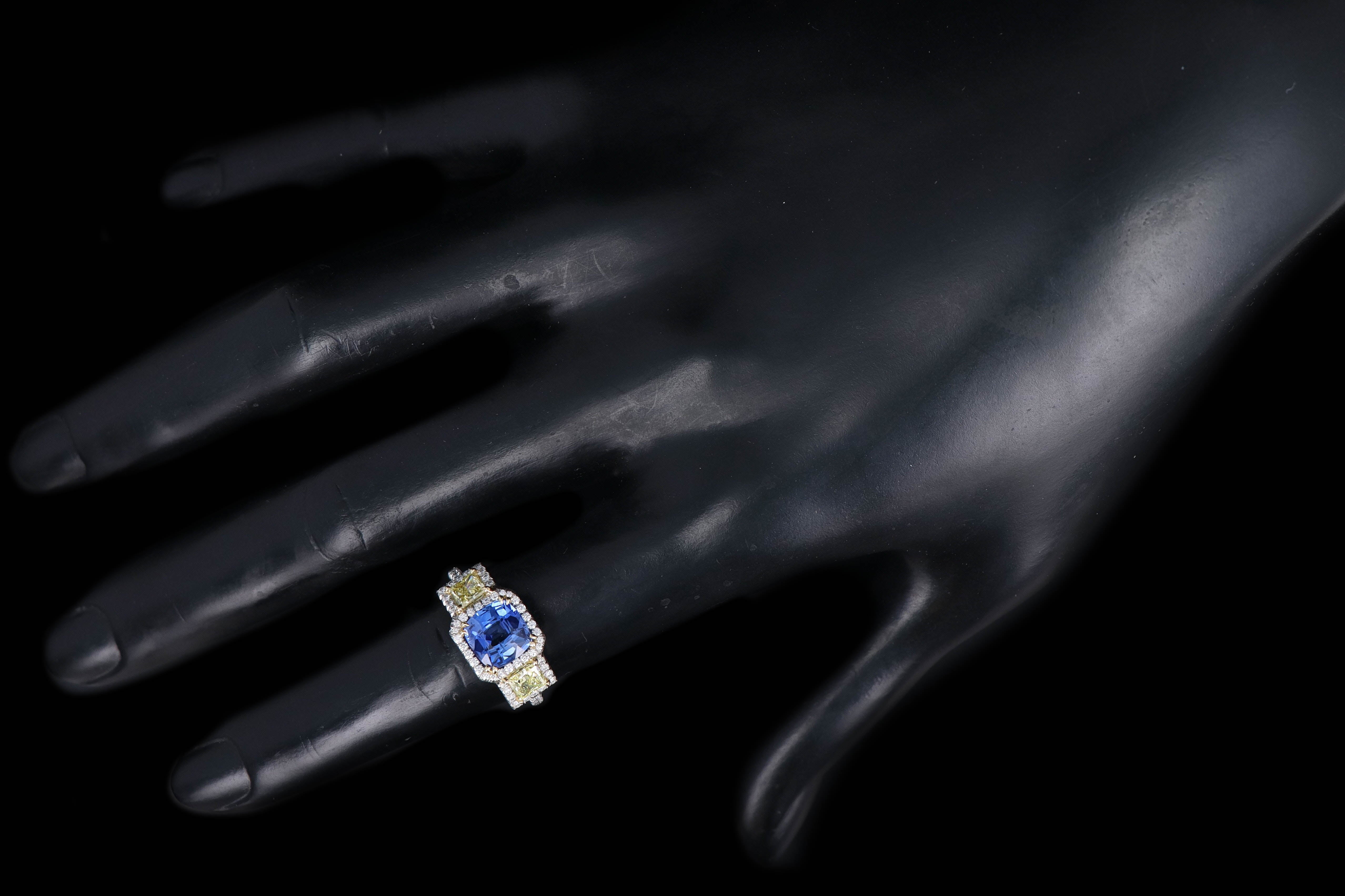 Modern Platinum 2.05 Carat Cushion Cut Sapphire & Fancy Yellow Diamond Ring - Queen May