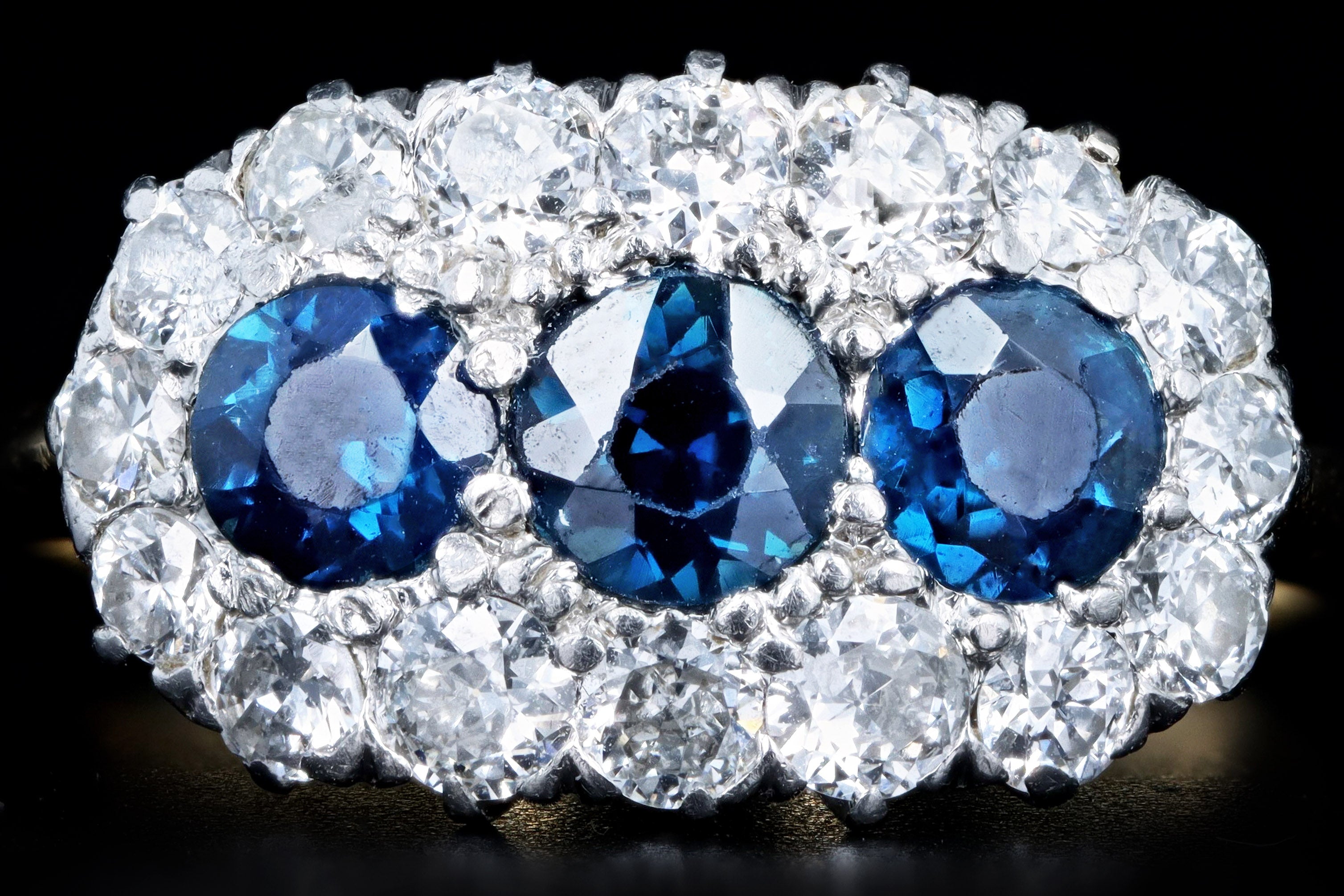 Victorian Platinum & 18K Yellow Gold Natural Sapphire & Diamond Three Stone Cluster Ring - Queen May