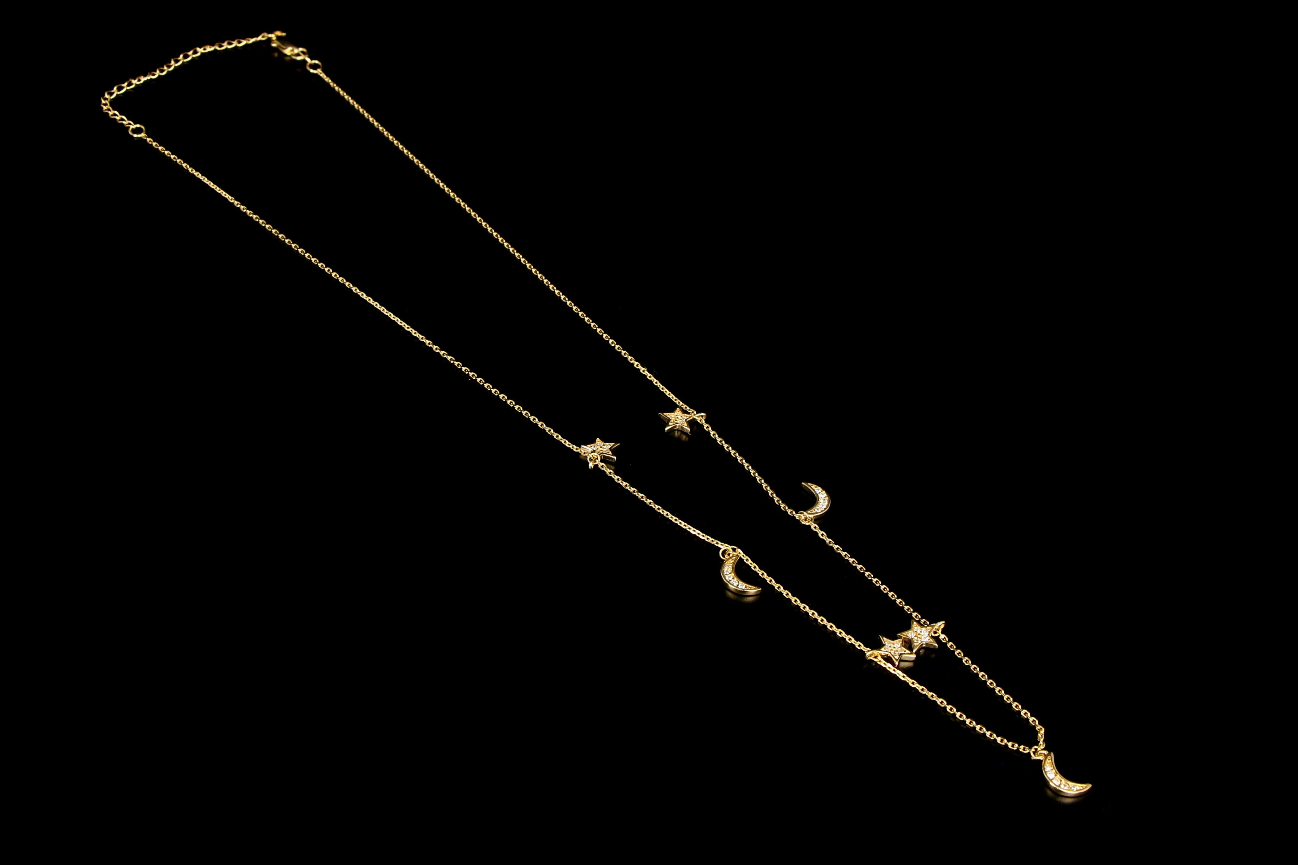 New 14K Yellow Gold Star & Half Moon Station Necklace - Queen May