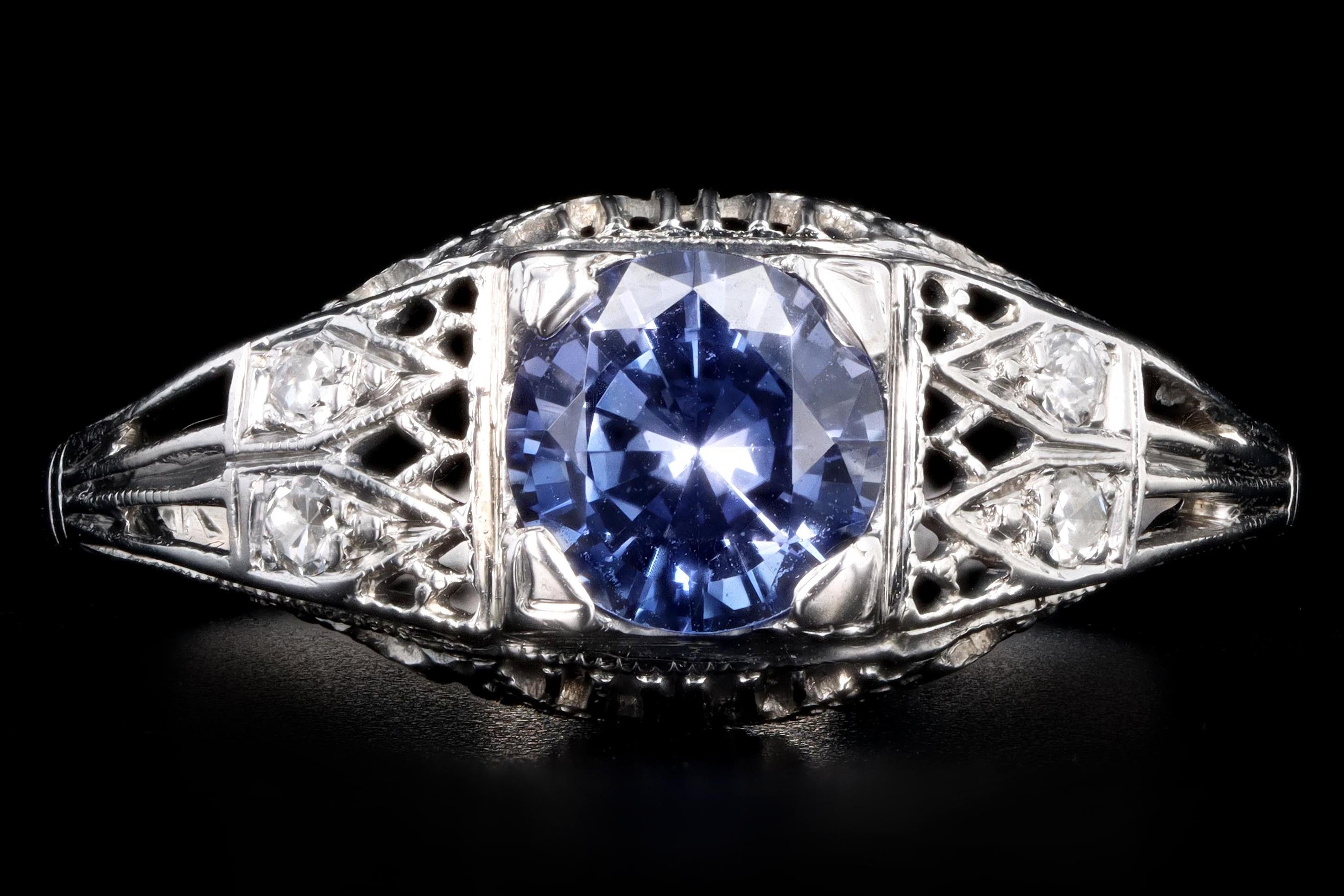 Art Deco 18K White Gold 1.10 Carat Natural Sapphire and Diamond Ring - Queen May