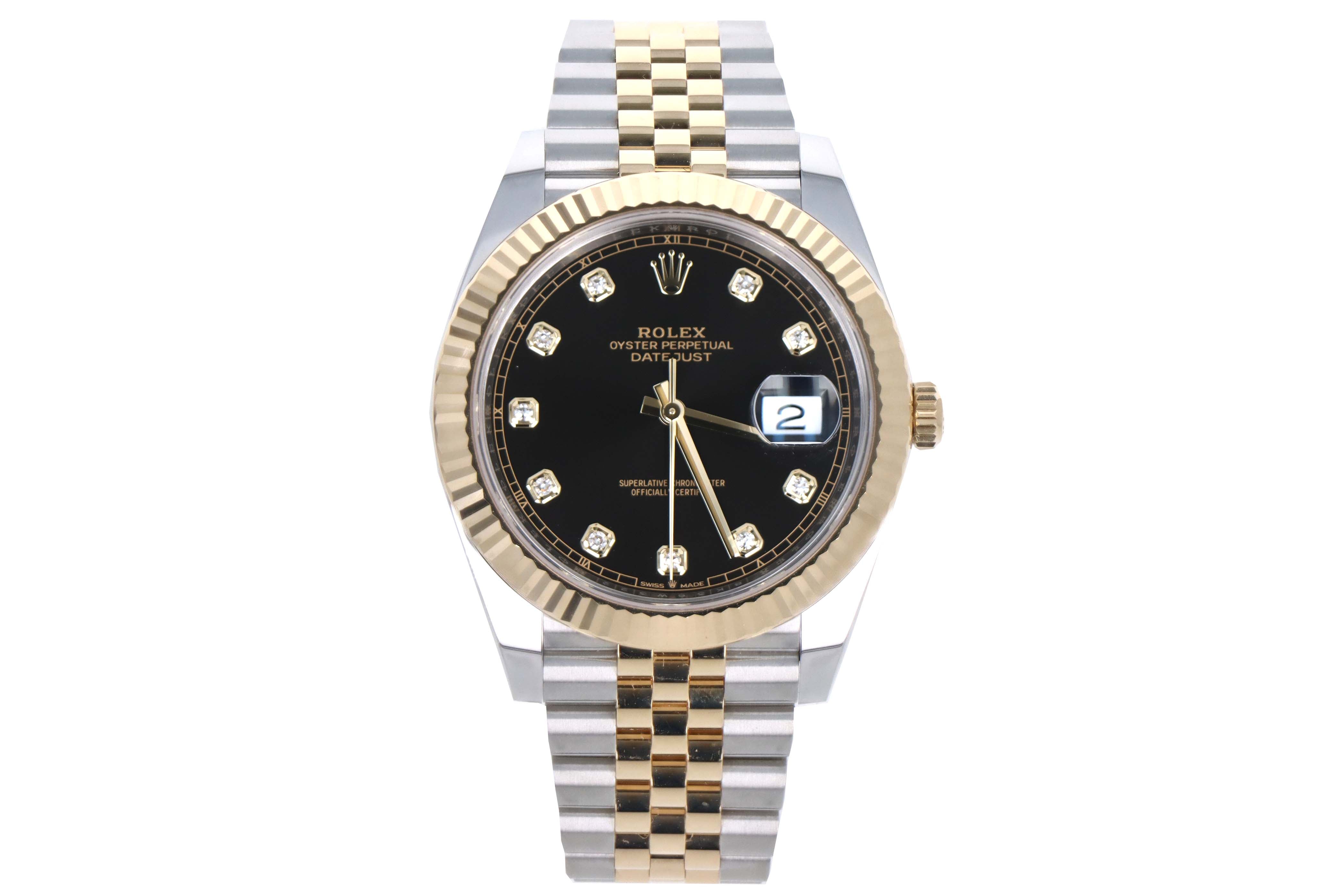 Rolex Datejust 41mm Two Tone Yellow Gold Jubilee Black Diamond Dial Model 126333 - Queen May