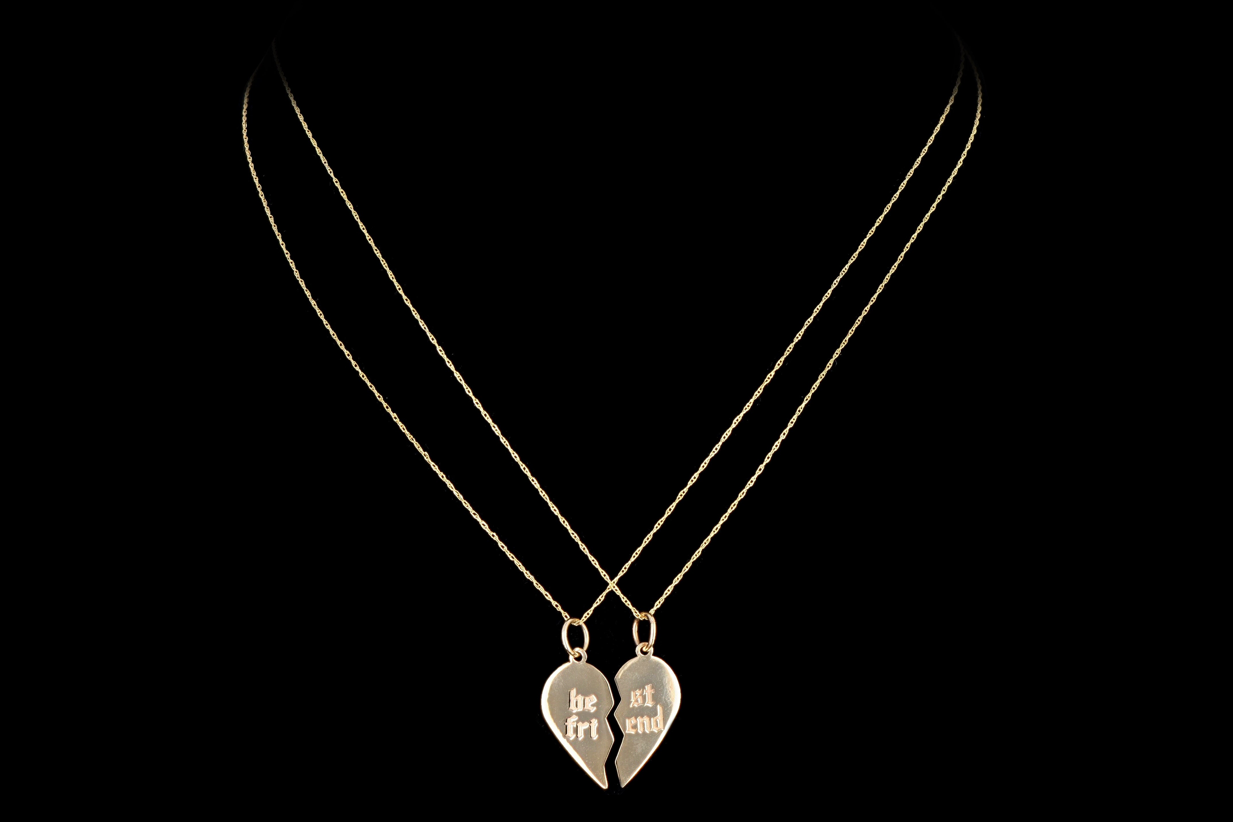 New 14K Yellow Gold Split Heart Friendship Pendant Necklace Set - Queen May