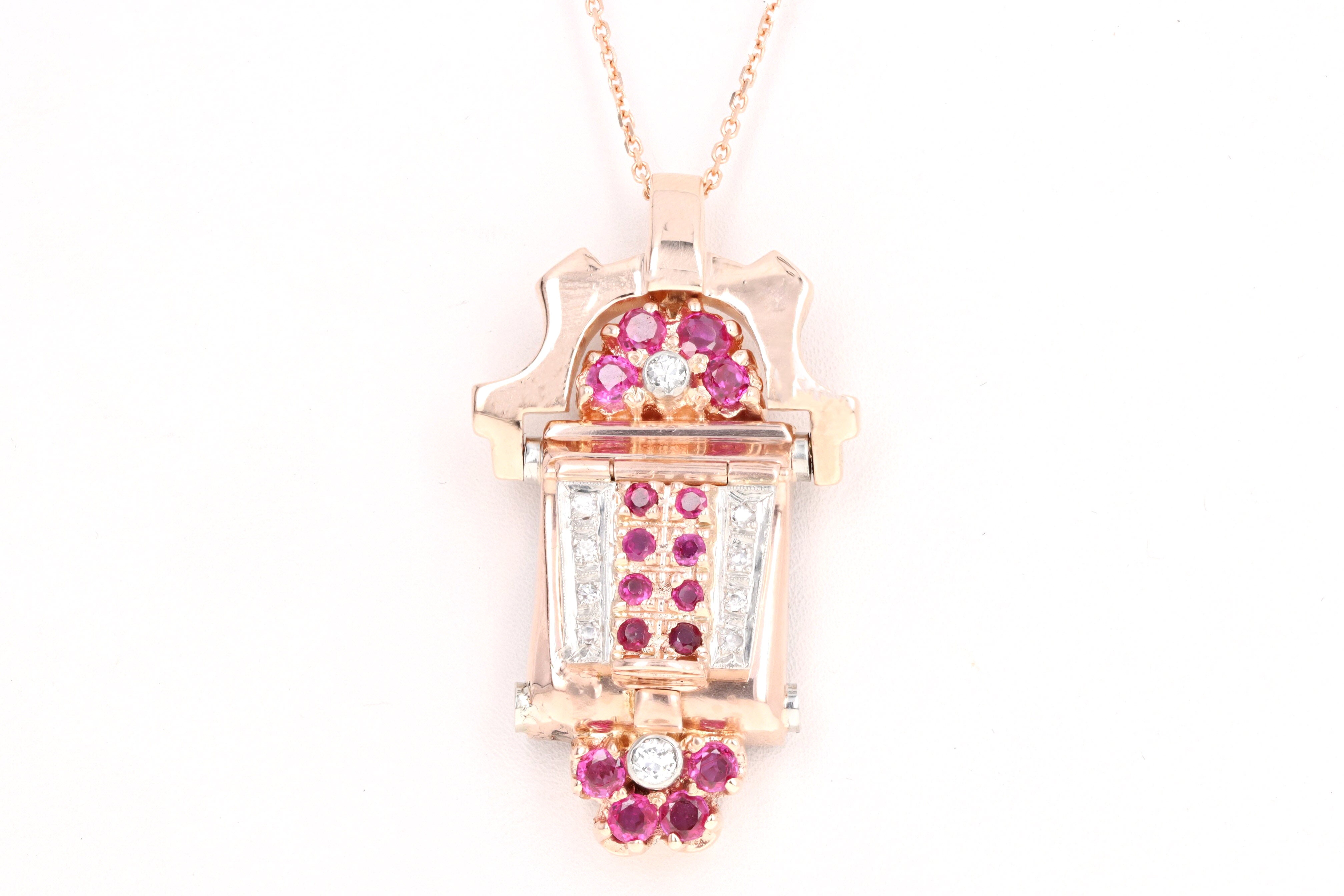Retro 14K Rose Gold Natural Ruby & Diamond Watch Conversion Pendant Necklace - Queen May