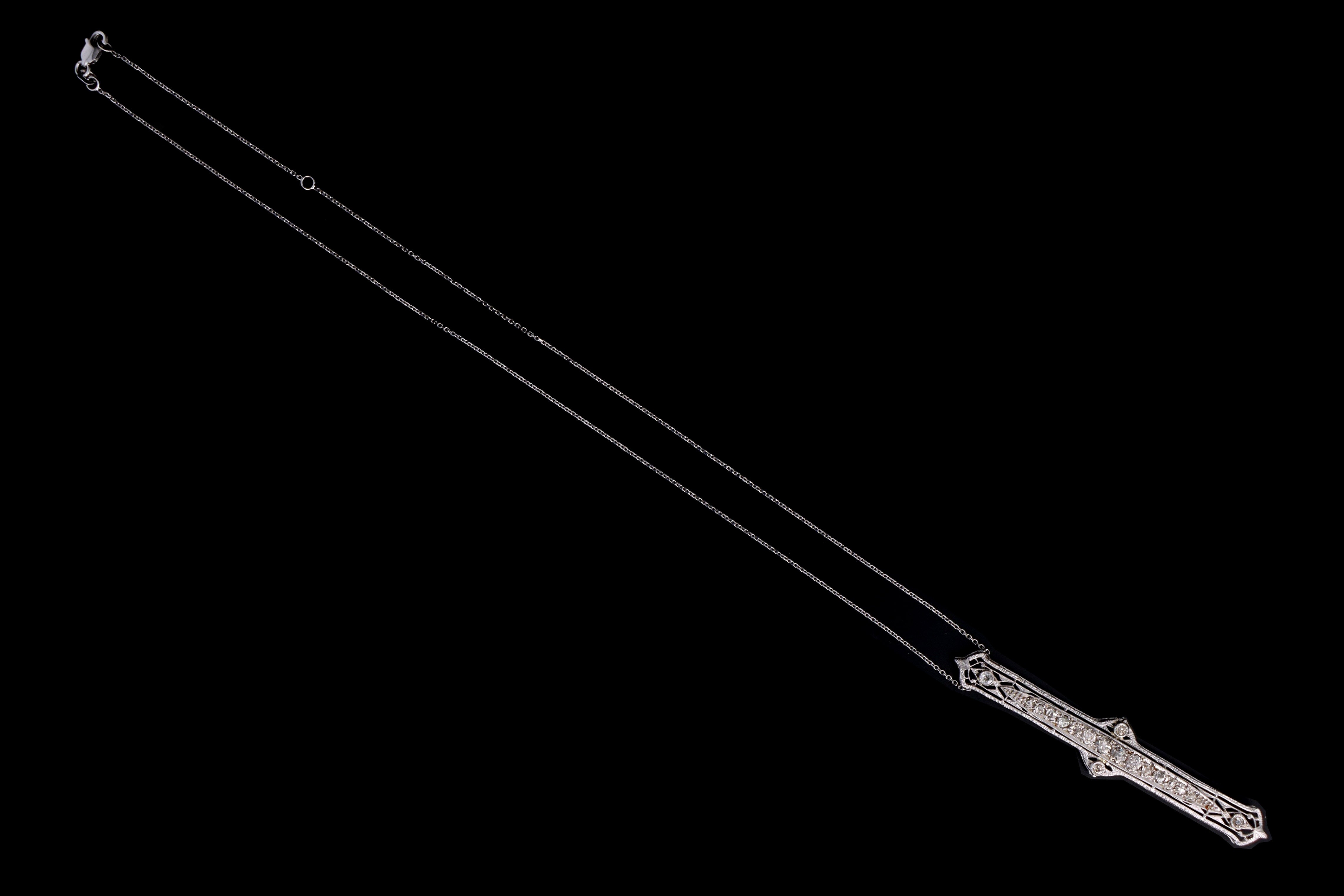 Art Deco 14K White Gold 1.30 Carat Total Weight Old European Diamond Bar Pin Conversion Pendant Necklace - Queen May