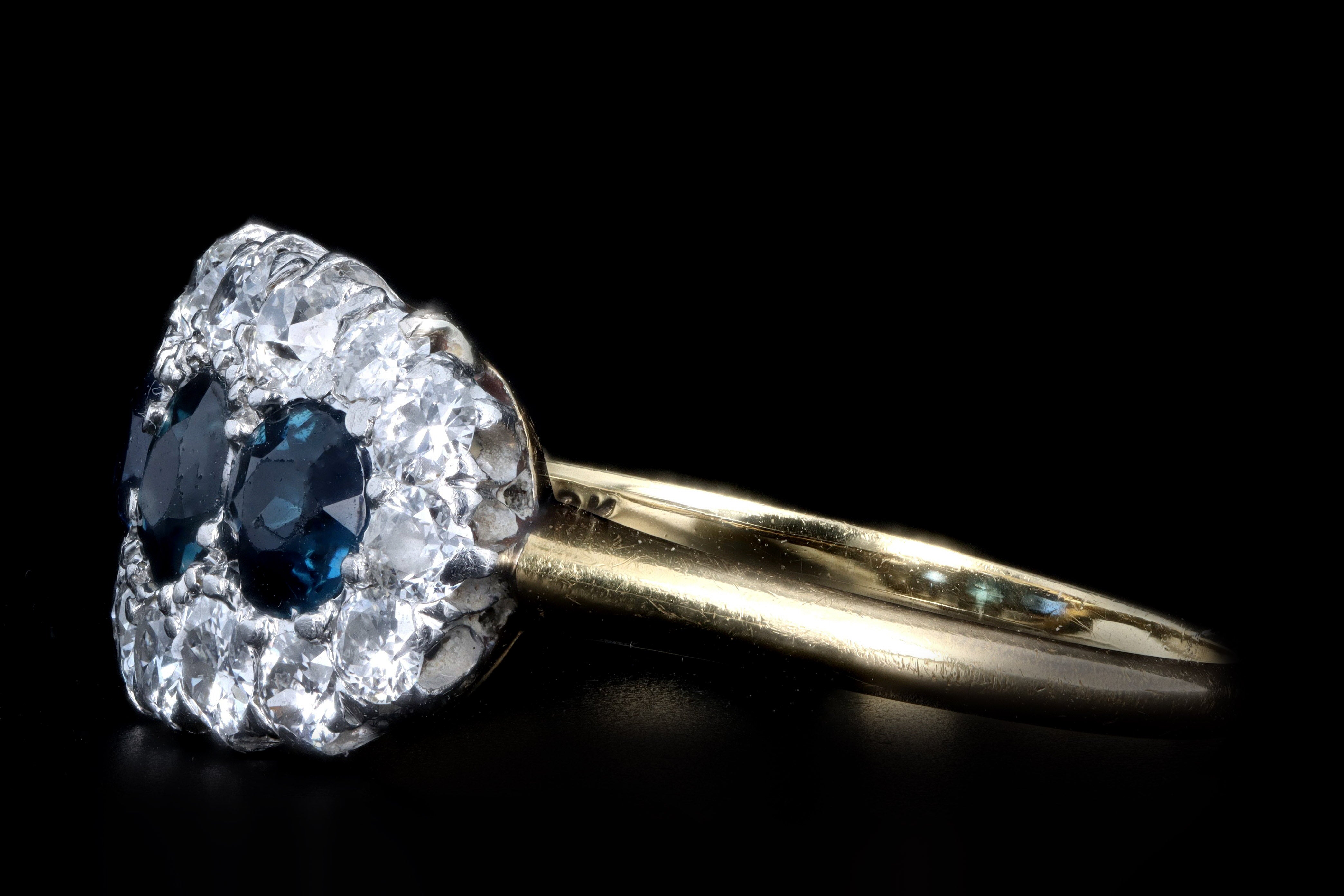 Victorian Platinum & 18K Yellow Gold Natural Sapphire & Diamond Three Stone Cluster Ring - Queen May