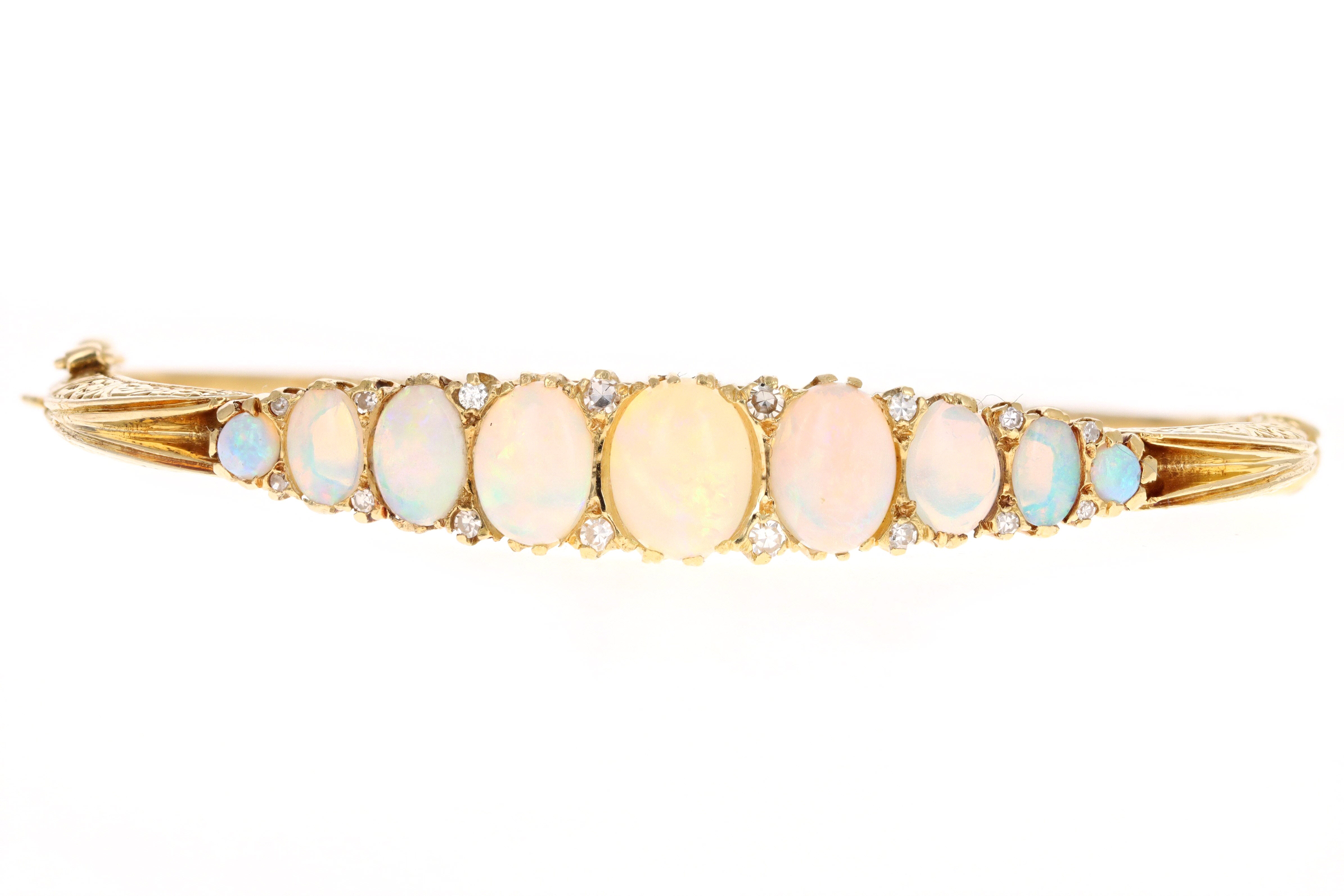 Victorian Inspired 18K Yellow Gold Natural Opal & Diamond Bangle - Queen May
