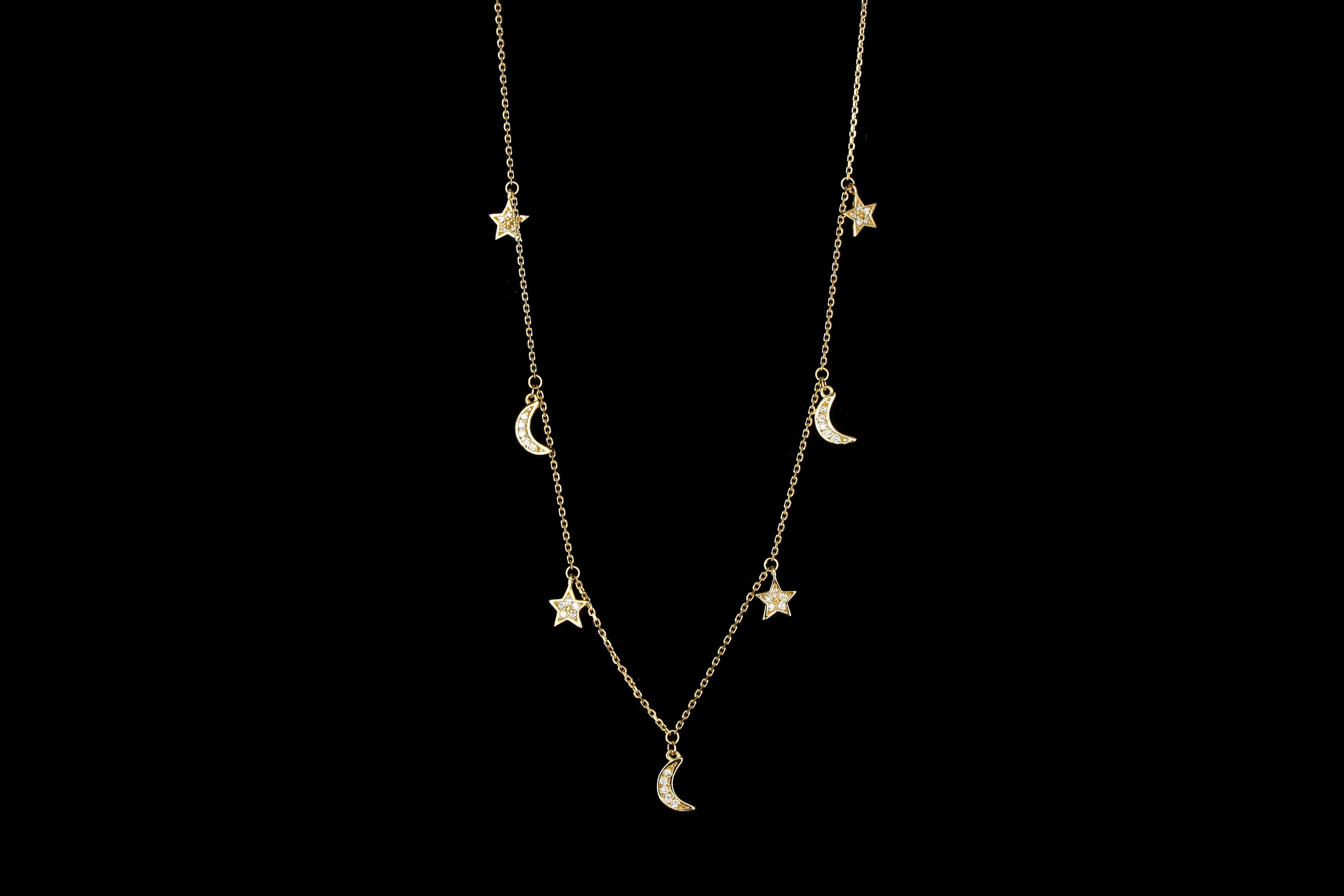 New 14K Yellow Gold Star & Half Moon Station Necklace - Queen May