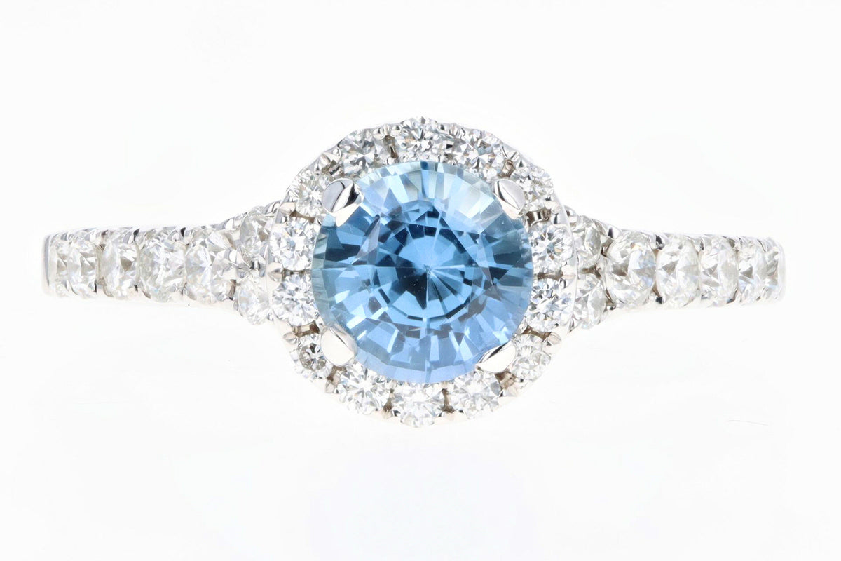 Modern 14K White Gold 1.08 Carat Natural Sapphire & Diamond Halo Ring - Queen May