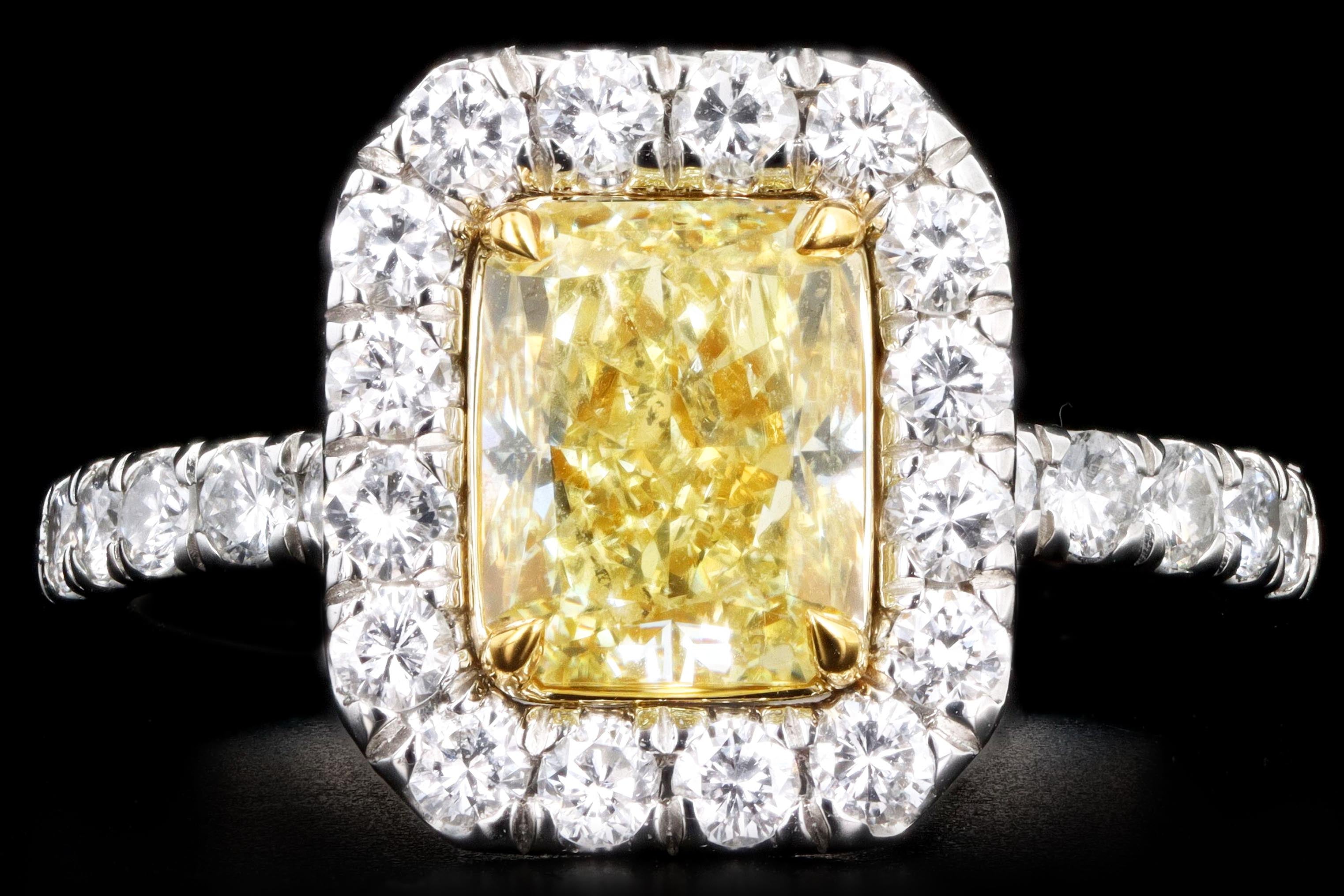 New Platinum 1.73 Carat Fancy Yellow Radiant Cut Diamond Ring GIA Certified - Queen May