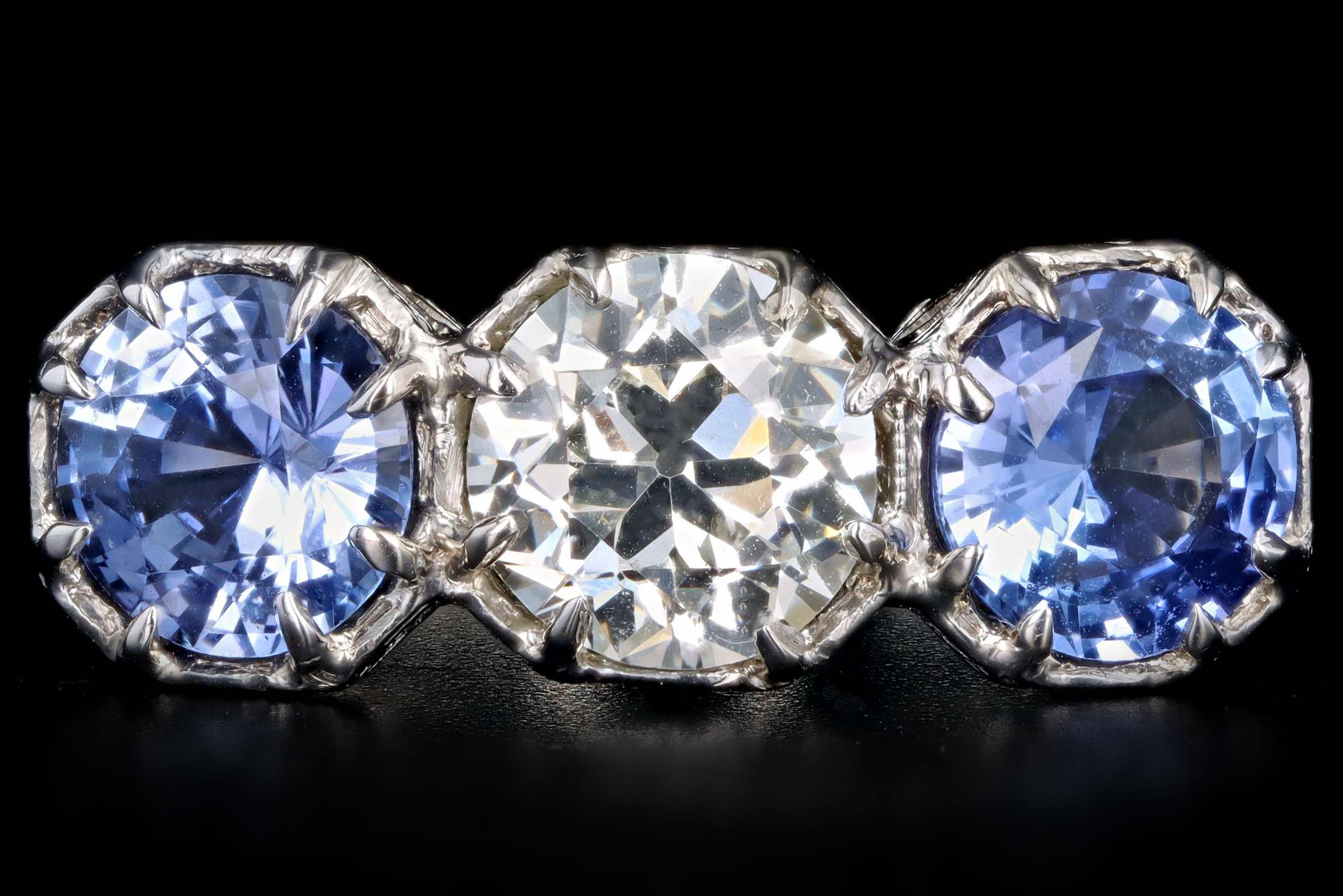 Art Deco Platinum Old European Cut Diamond & Sapphire Three Stone Ring GIA Certified - Queen May