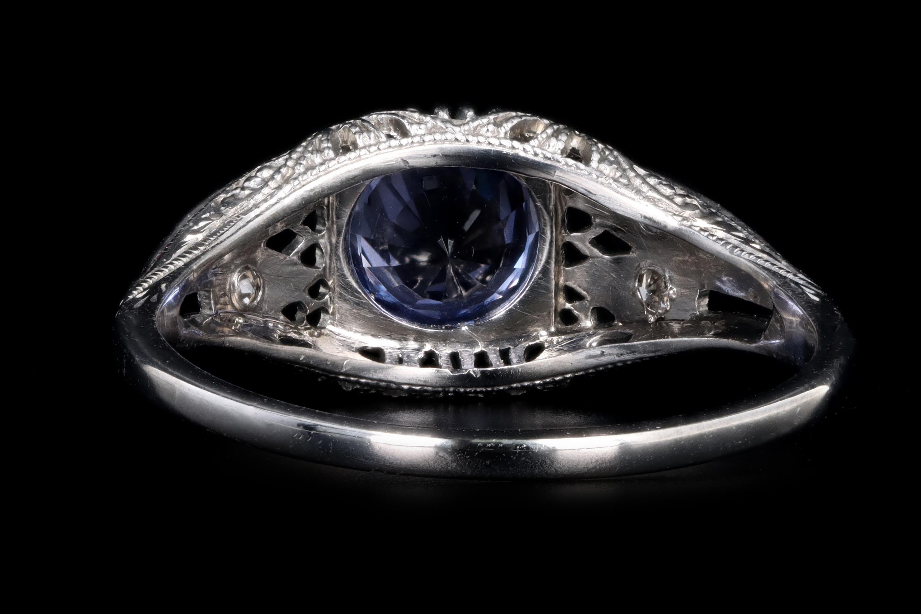 Art Deco 18K White Gold 1.10 Carat Natural Sapphire and Diamond Ring - Queen May