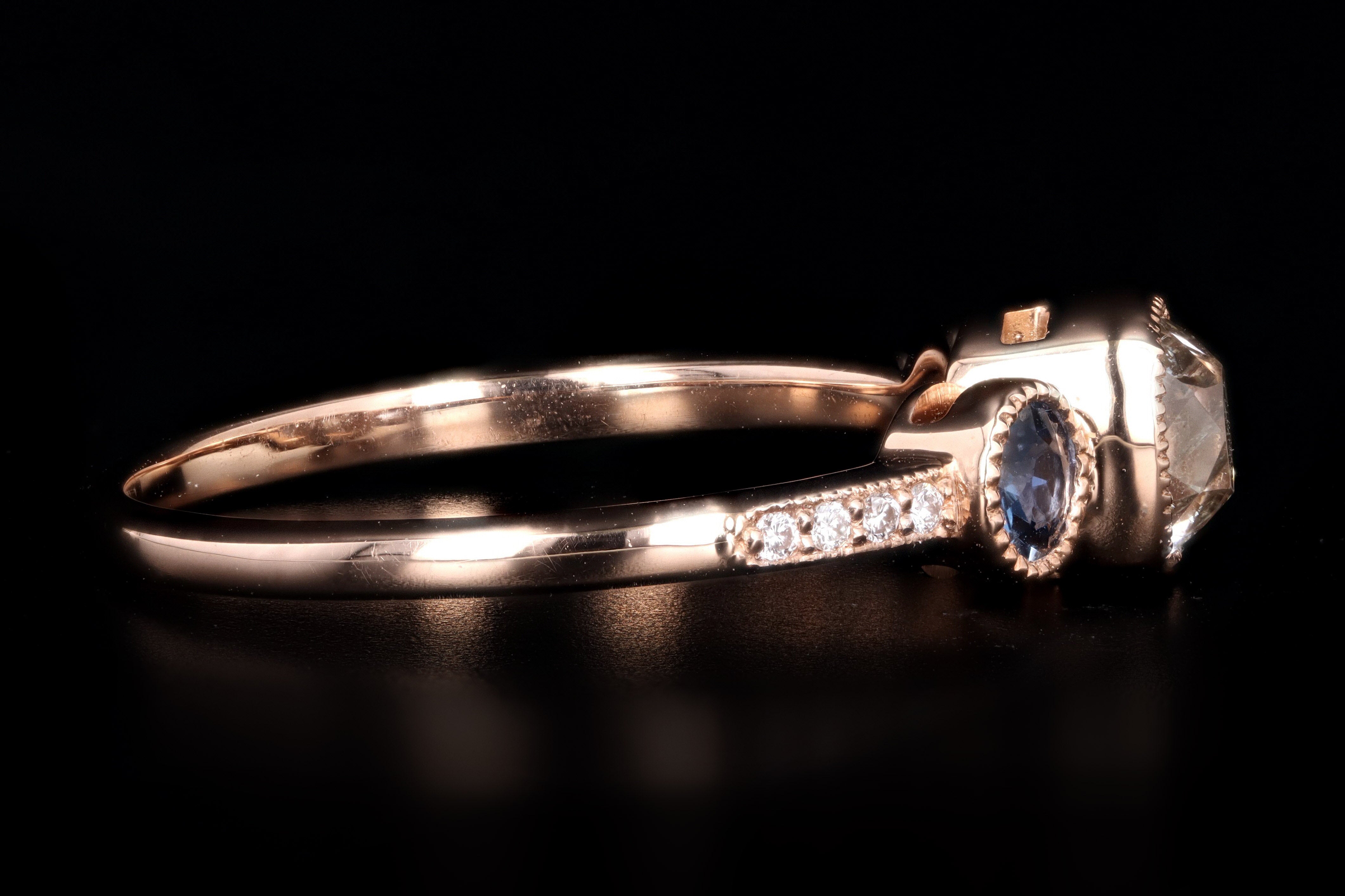 New 18K Rose Gold .81 Carat Old Mine Diamond & Yogo Gulch Sapphire Ring - Queen May