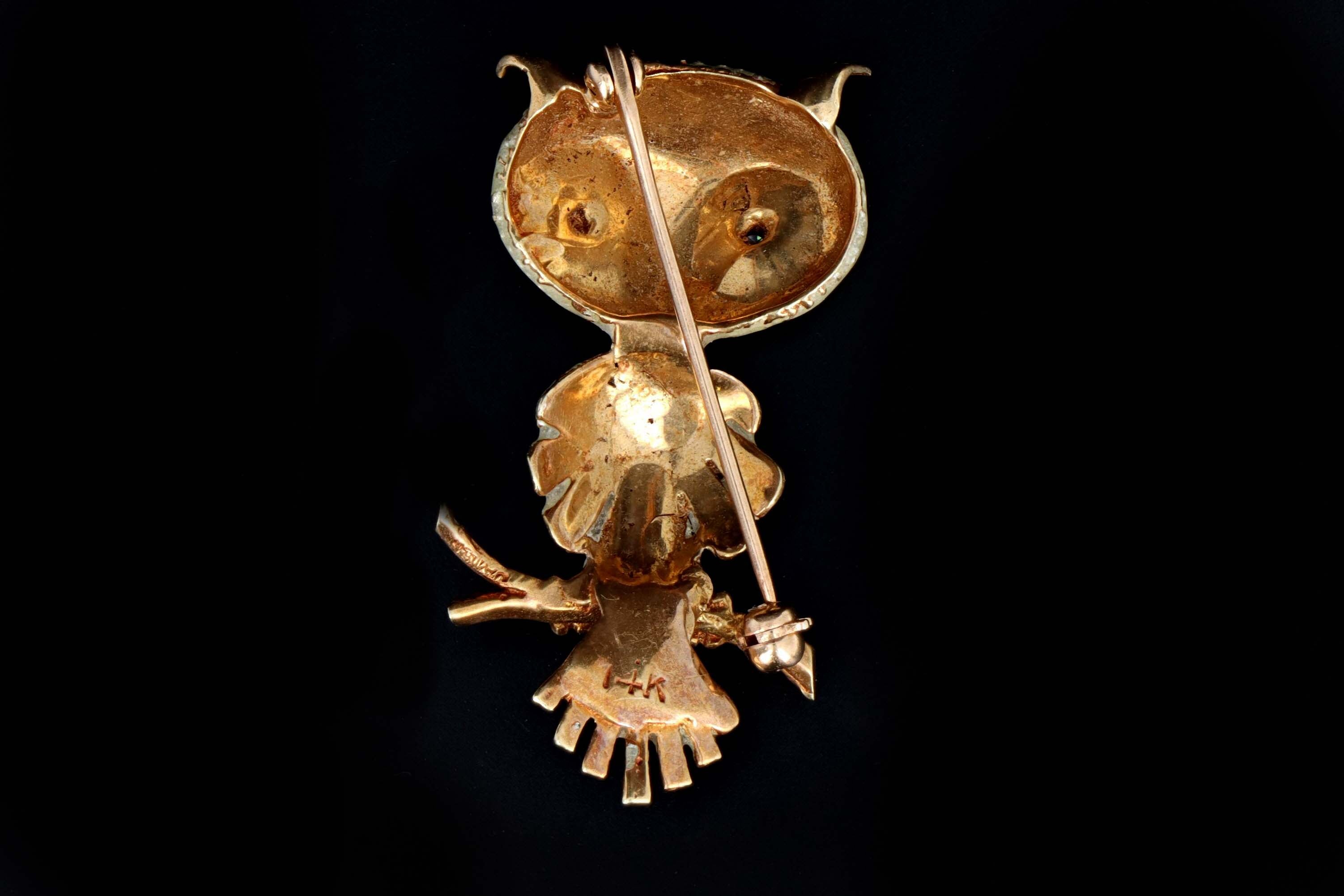 Vintage 14K Yellow Gold & Enamel Diamond Owl Brooch - Queen May