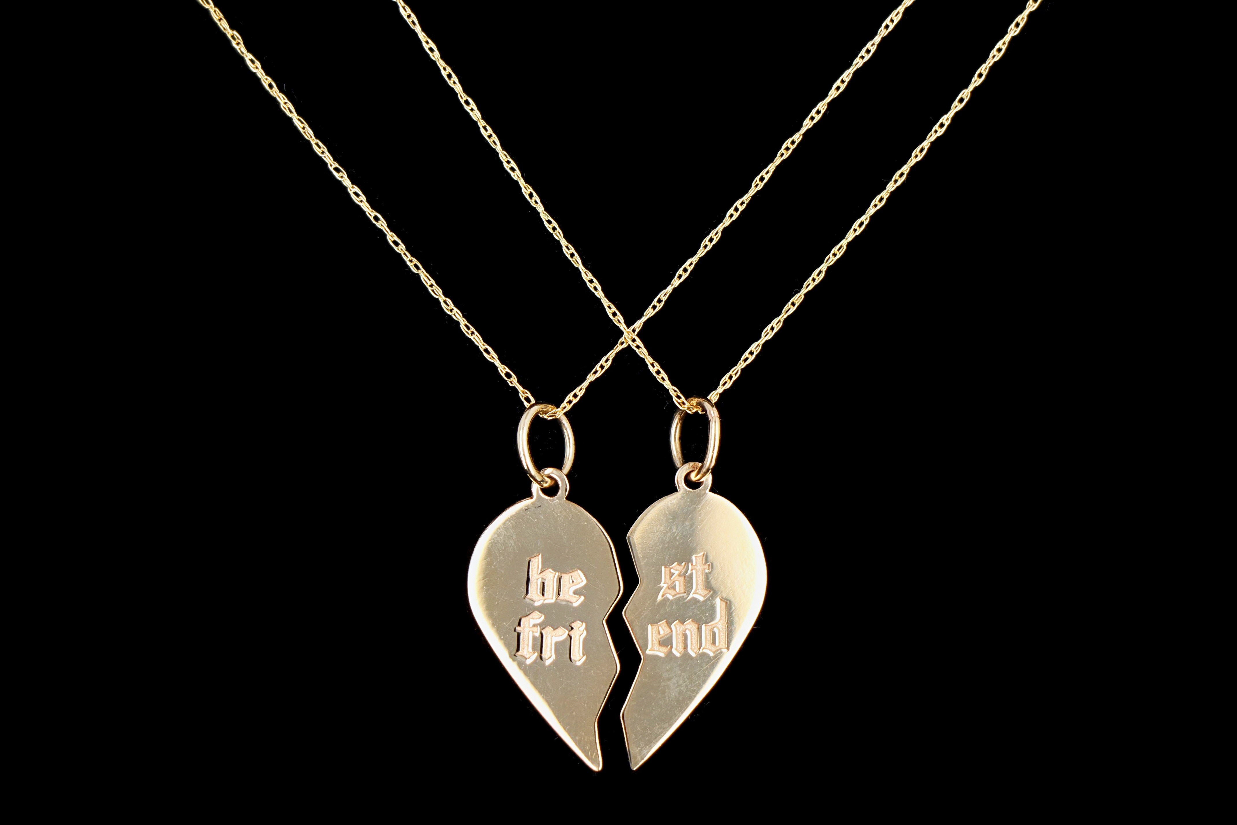 New 14K Yellow Gold Split Heart Friendship Pendant Necklace Set - Queen May