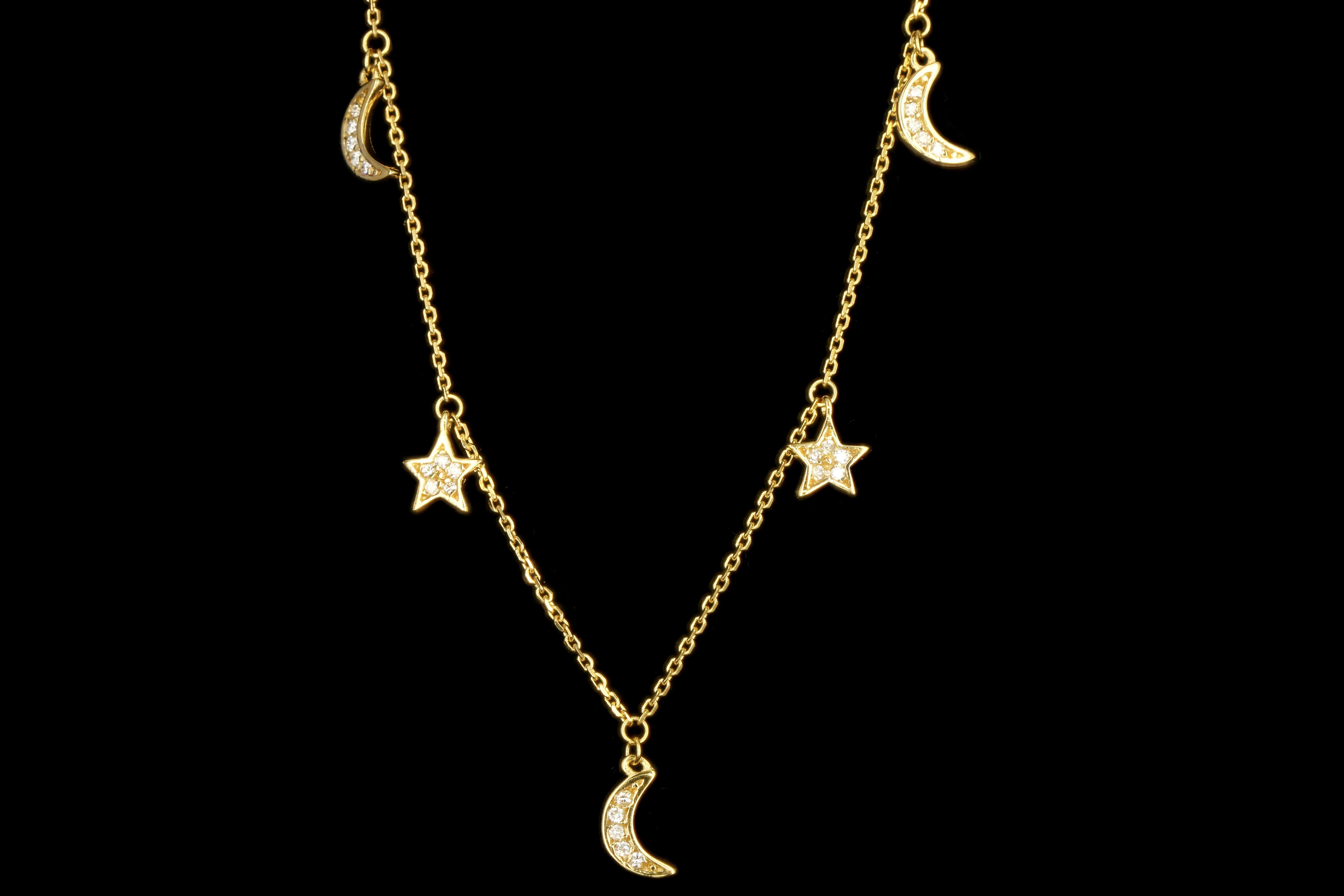 New 14K Yellow Gold Star & Half Moon Station Necklace - Queen May