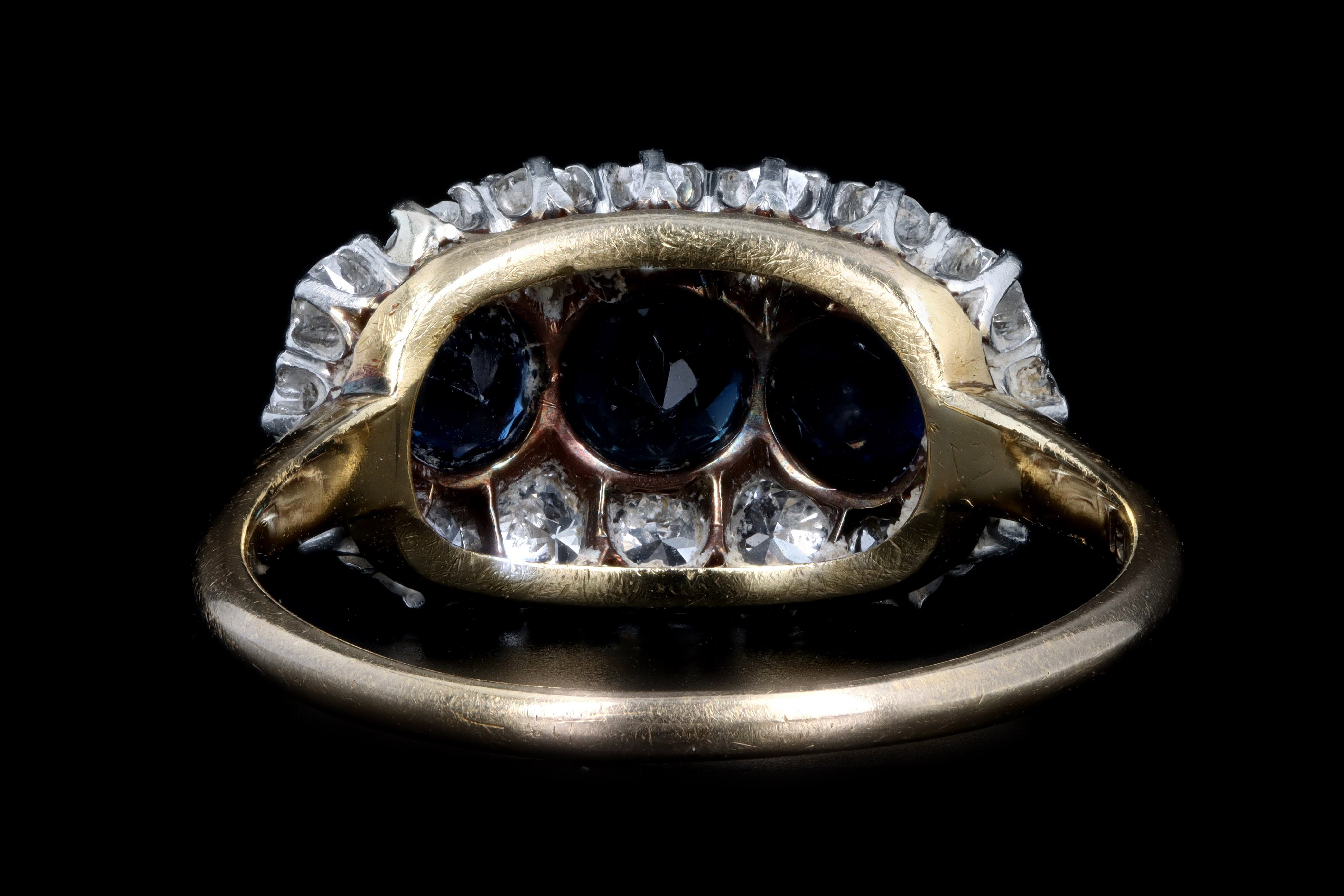 Victorian Platinum & 18K Yellow Gold Natural Sapphire & Diamond Three Stone Cluster Ring - Queen May