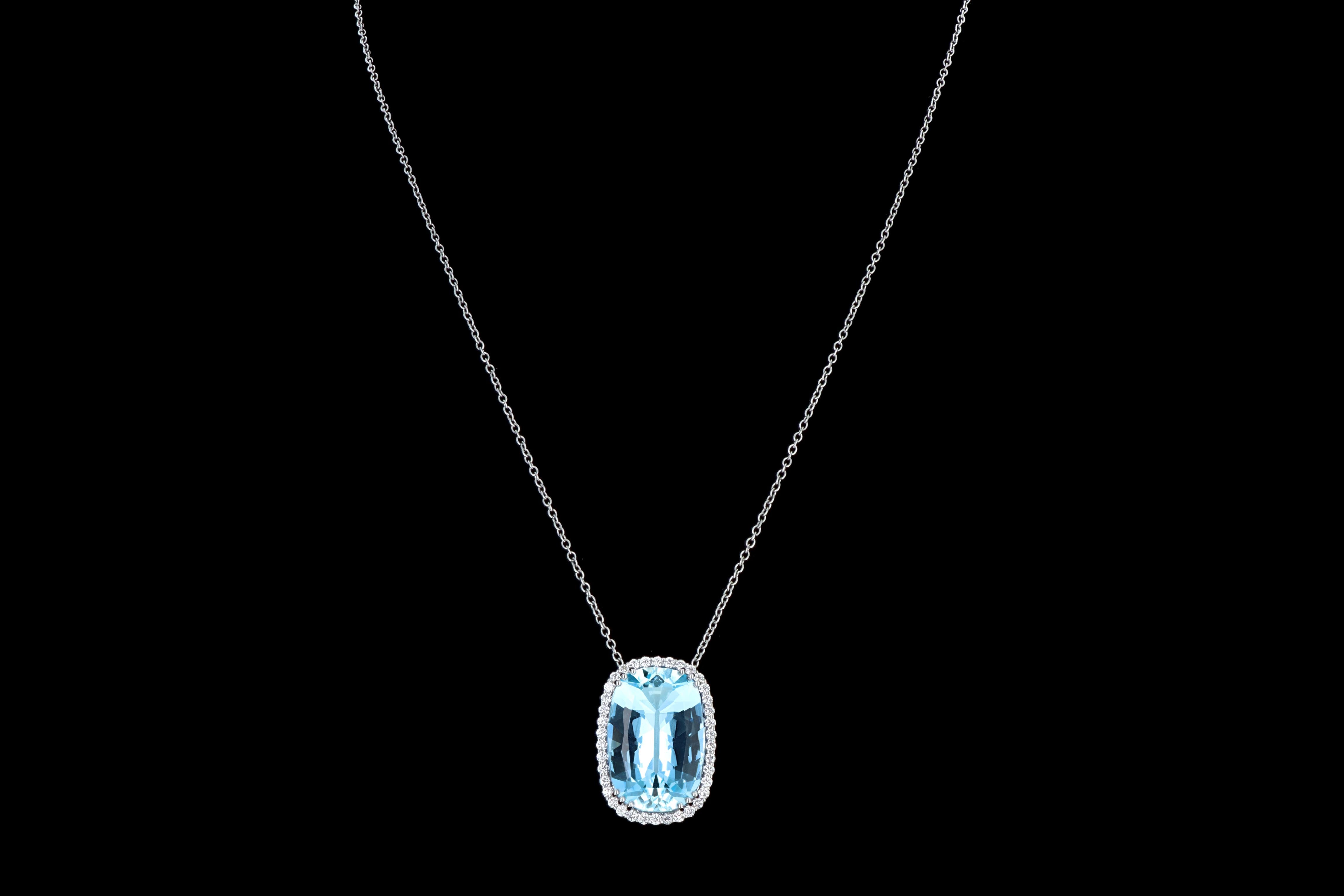 New Platinum 21 Carat Santa Maria Blue Aquamarine & Diamond Halo Pendant Necklace - Queen May