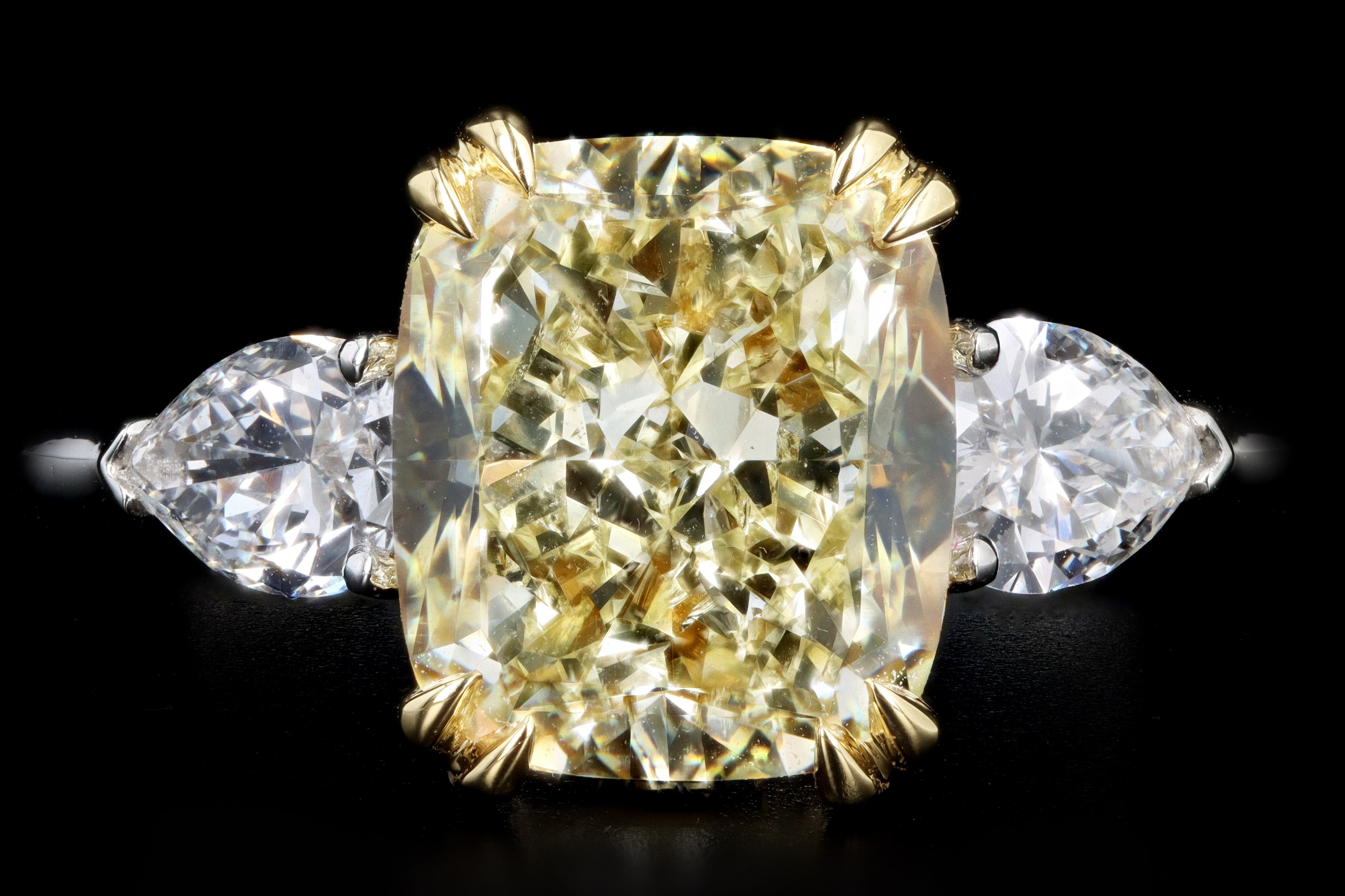 New Platinum & 18K Yellow Gold 4.10 Carat Cushion Cut Yellow Diamond Engagement Ring - Queen May