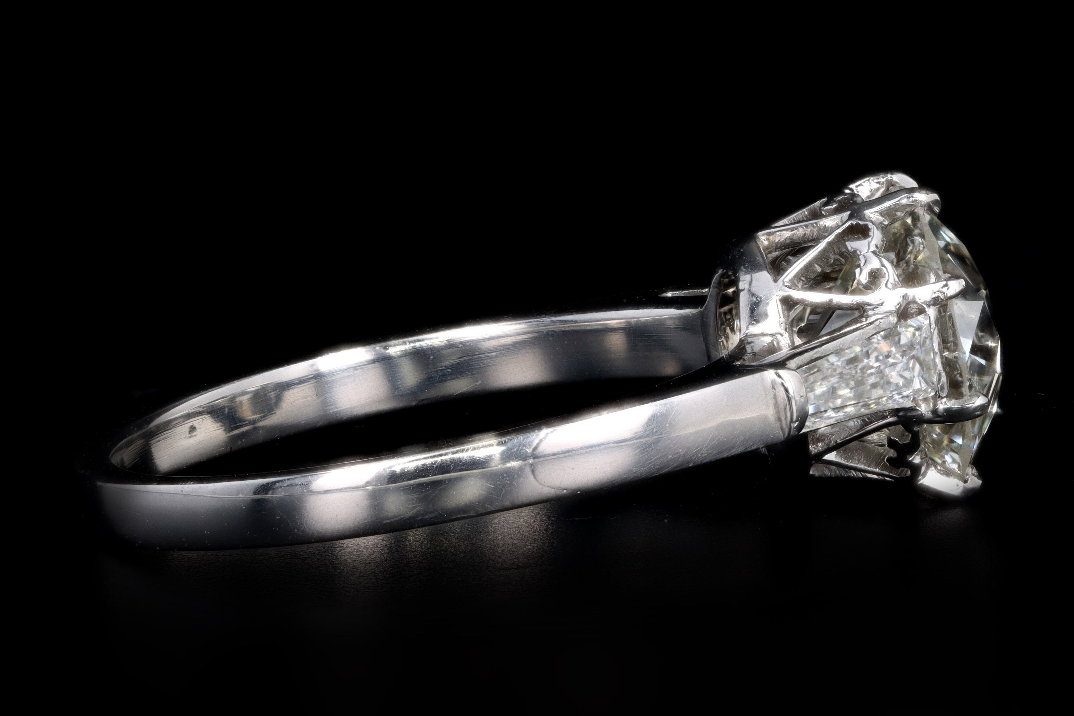 Retro Platinum 1.52 Carat Old European Cut Diamond & Tapered Baguette Diamond Engagement Ring - Queen May
