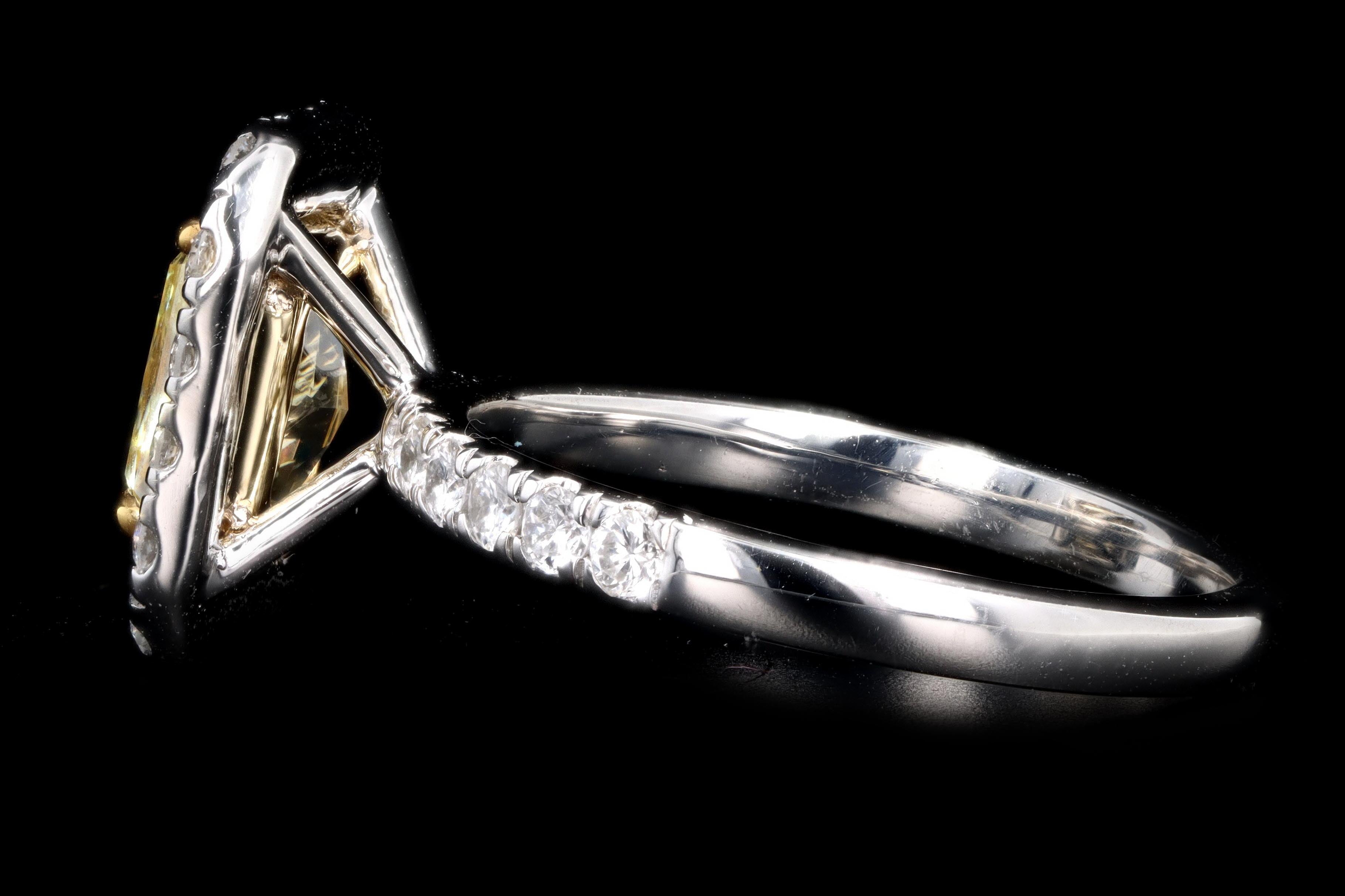 New Platinum 1.73 Carat Fancy Yellow Radiant Cut Diamond Ring GIA Certified - Queen May