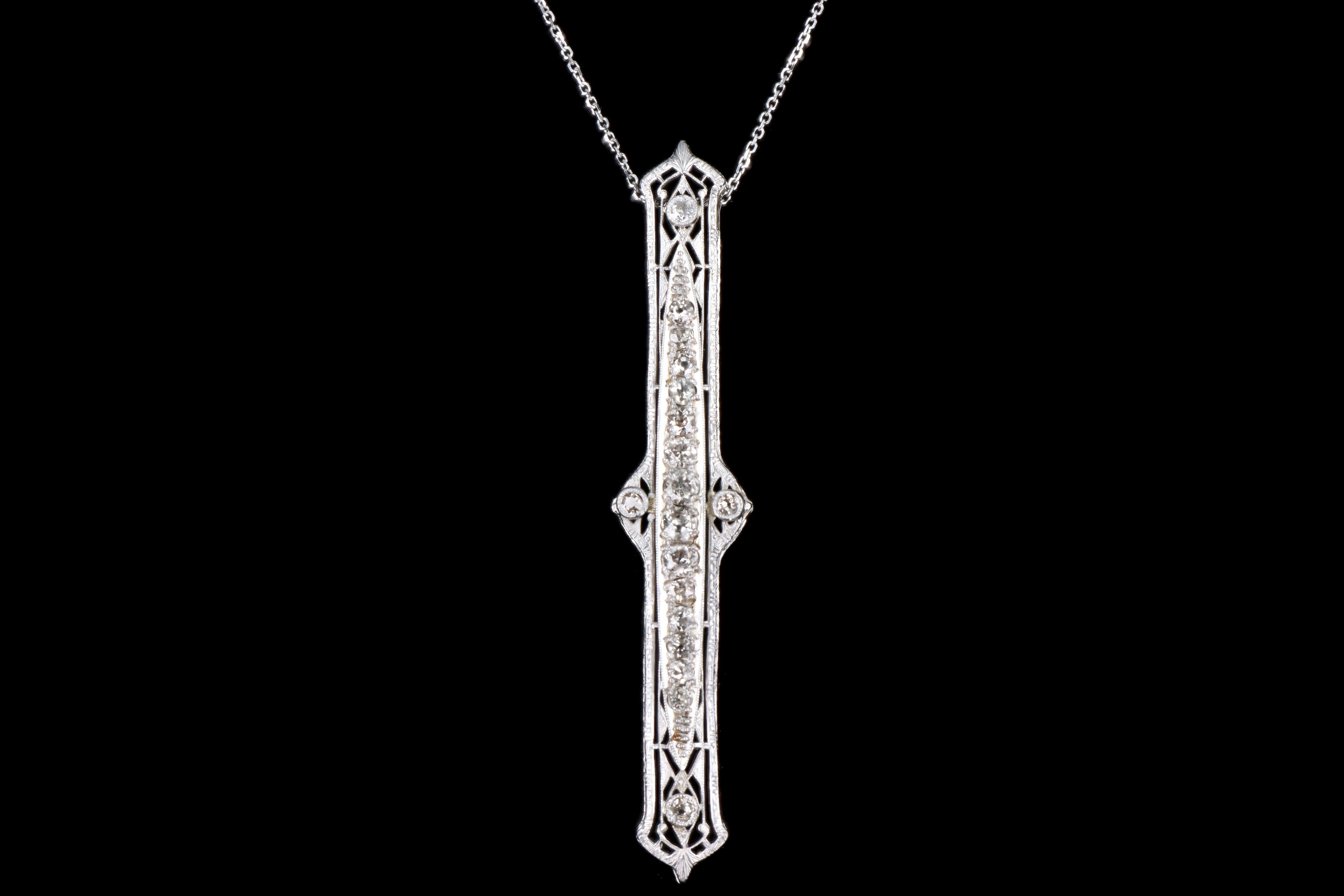 Art Deco 14K White Gold 1.30 Carat Total Weight Old European Diamond Bar Pin Conversion Pendant Necklace - Queen May