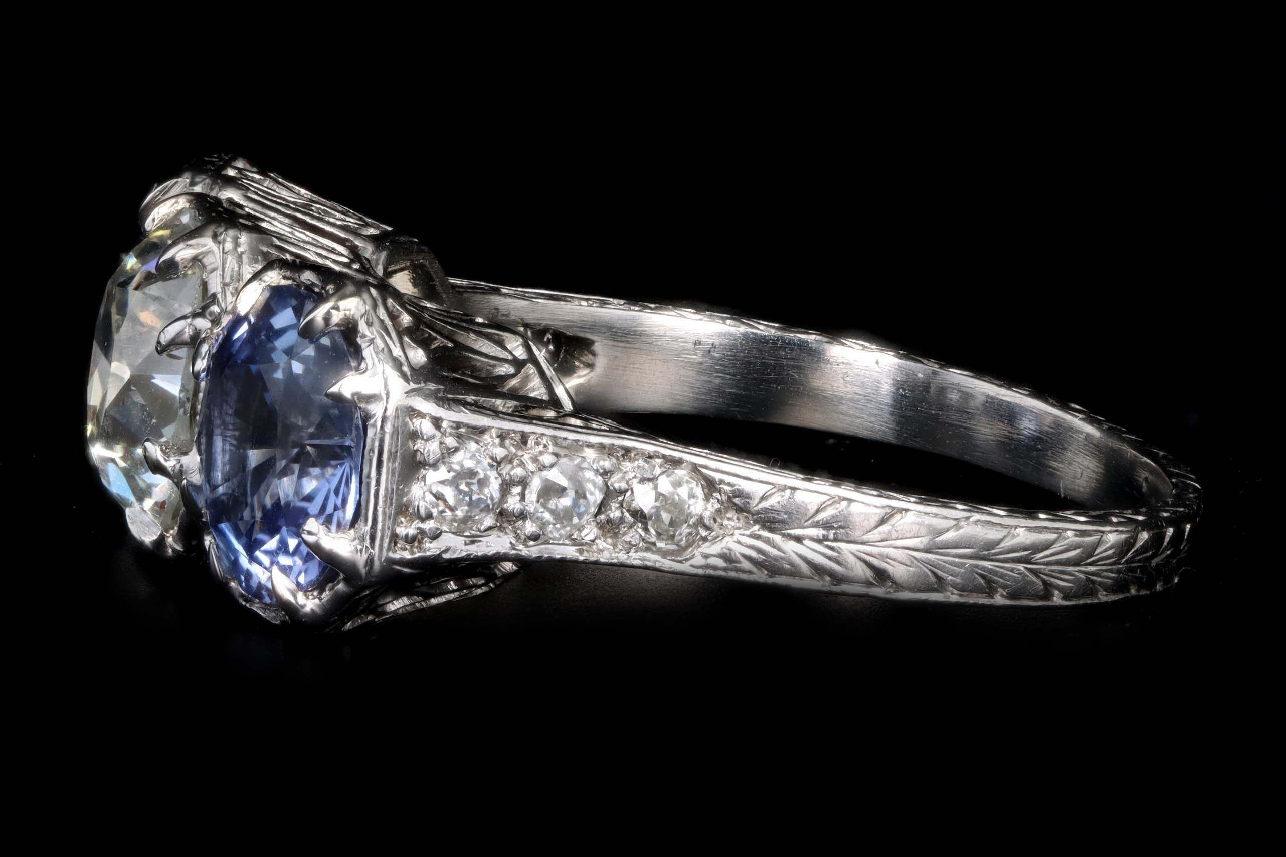 Art Deco Platinum Old European Cut Diamond & Sapphire Three Stone Ring GIA Certified - Queen May