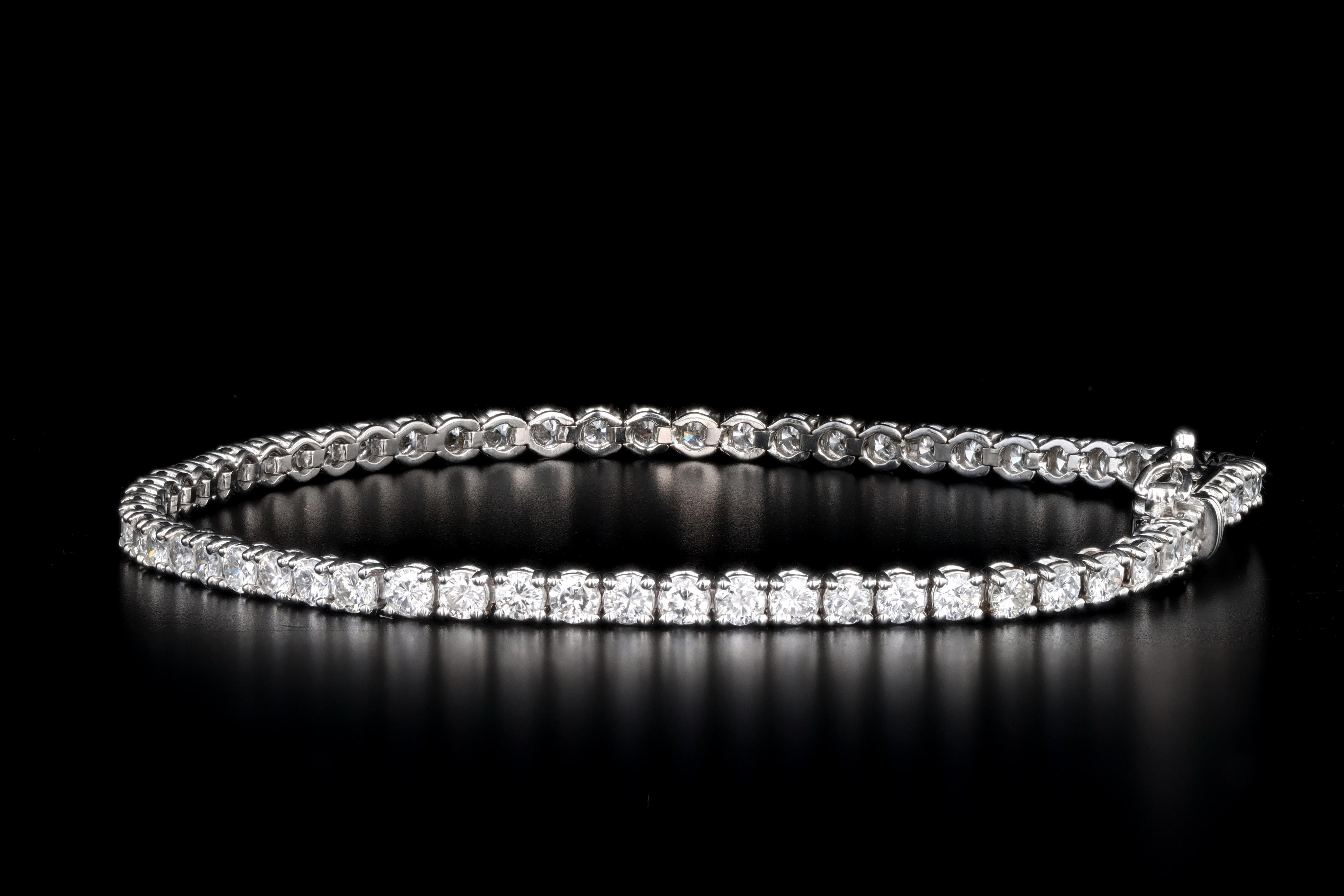 New 14K White Gold 3.87 Carat Total Weight Round Brilliant Diamond Tennis Bracelet - Queen May