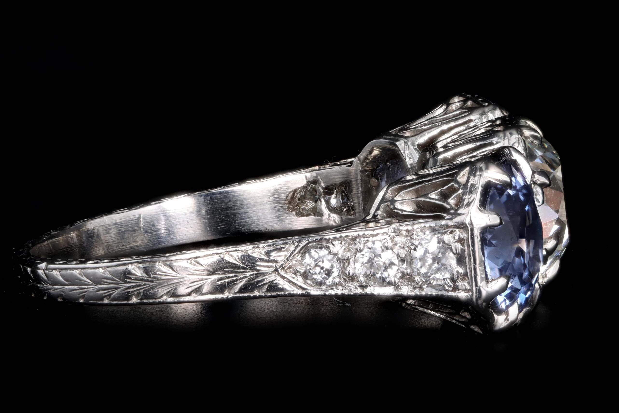Art Deco Platinum Old European Cut Diamond & Sapphire Three Stone Ring GIA Certified - Queen May
