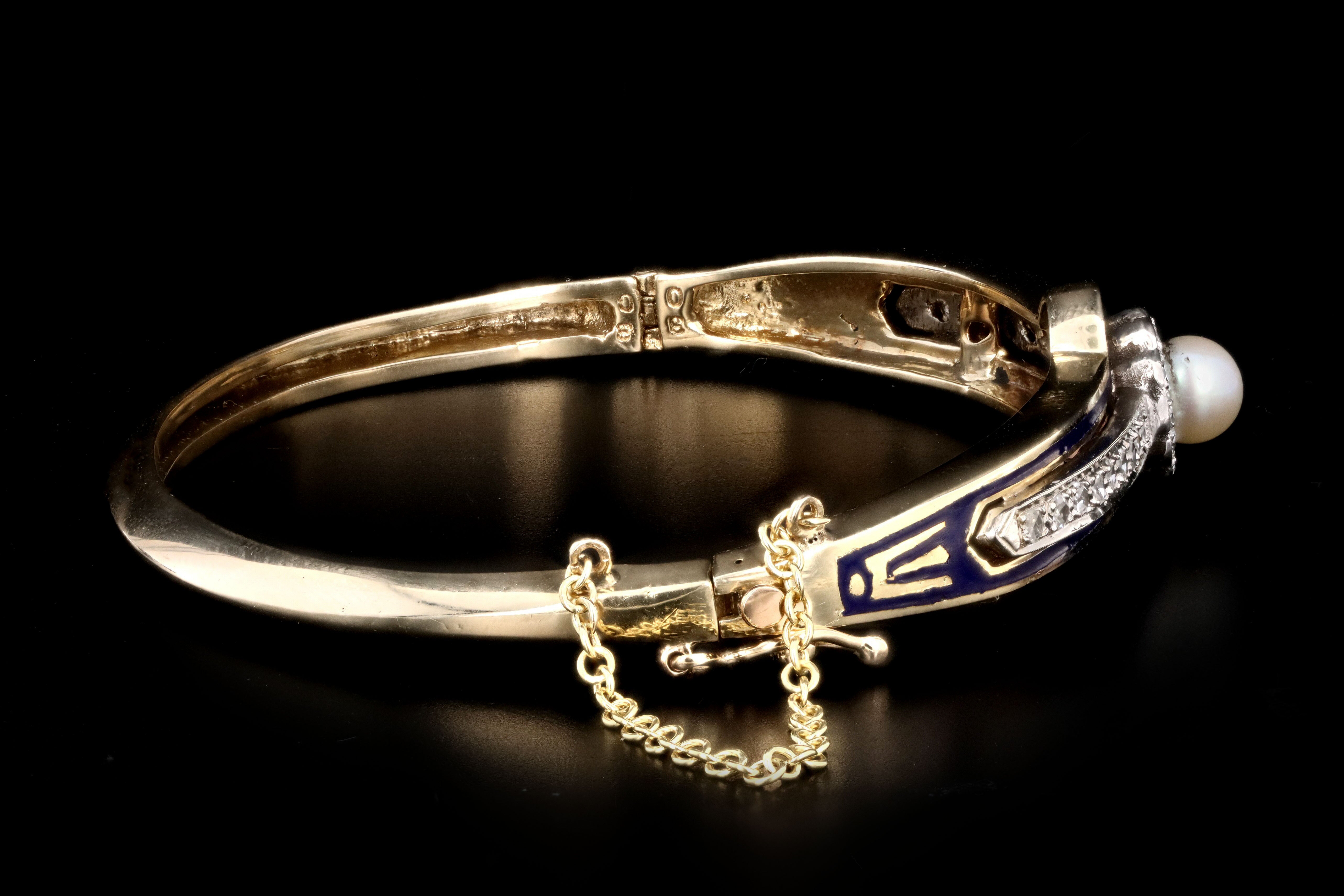 Victorian 14K Yellow Gold Enamel Pearl & Diamond Bangle - Queen May