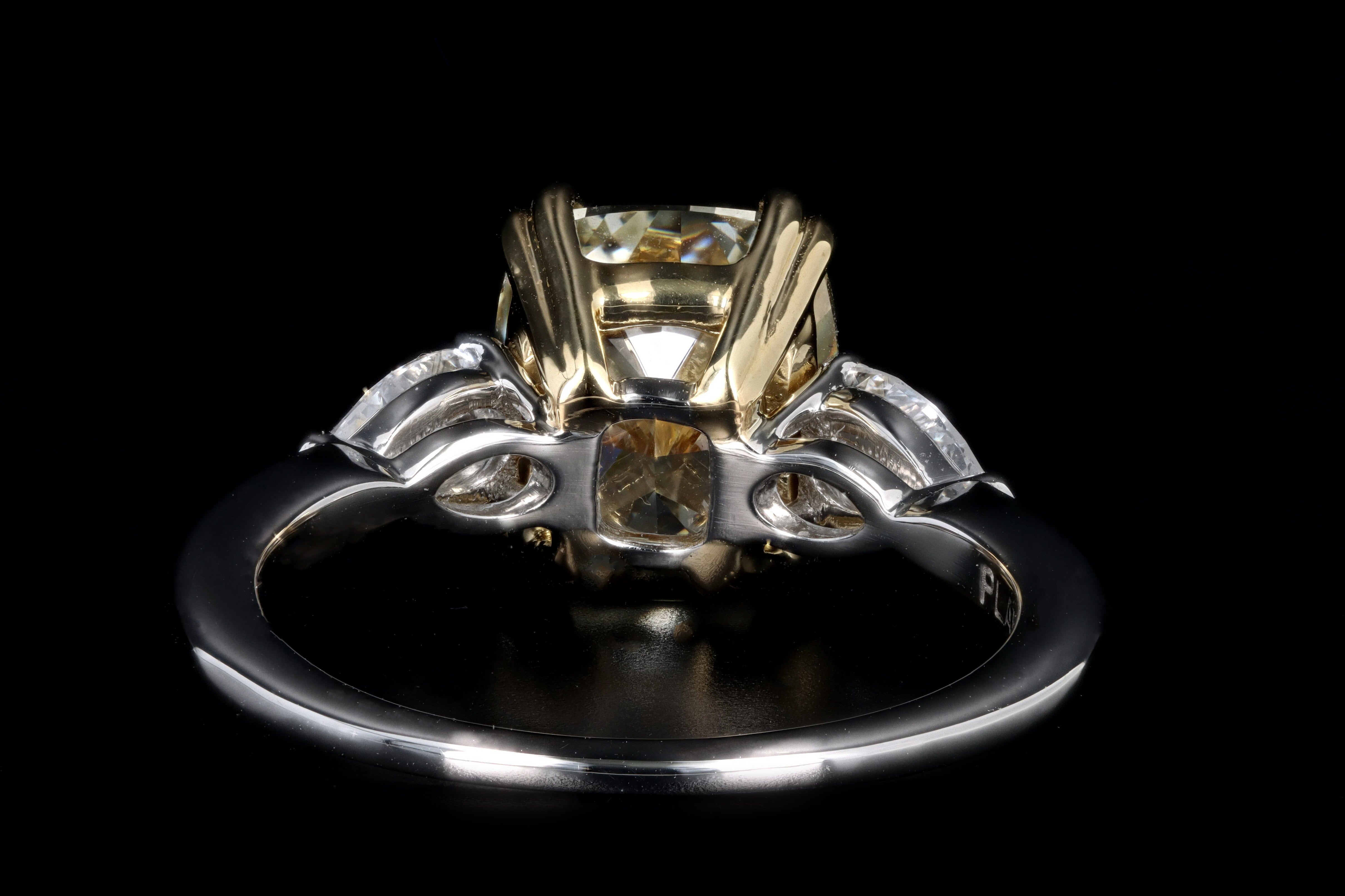 New Platinum & 18K Yellow Gold 4.10 Carat Cushion Cut Yellow Diamond Engagement Ring - Queen May